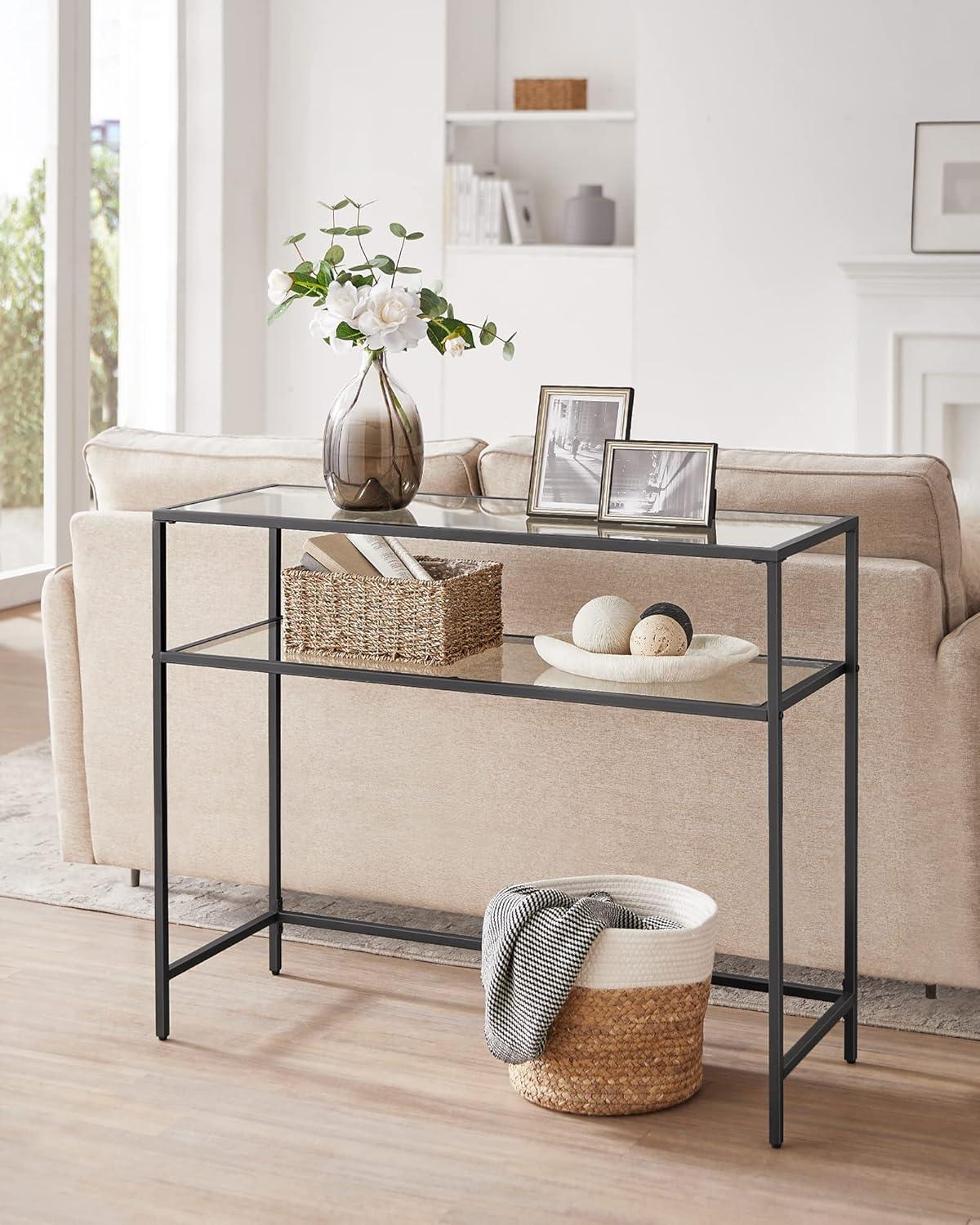 Black Metal and Glass Console Table with Storage Shelves