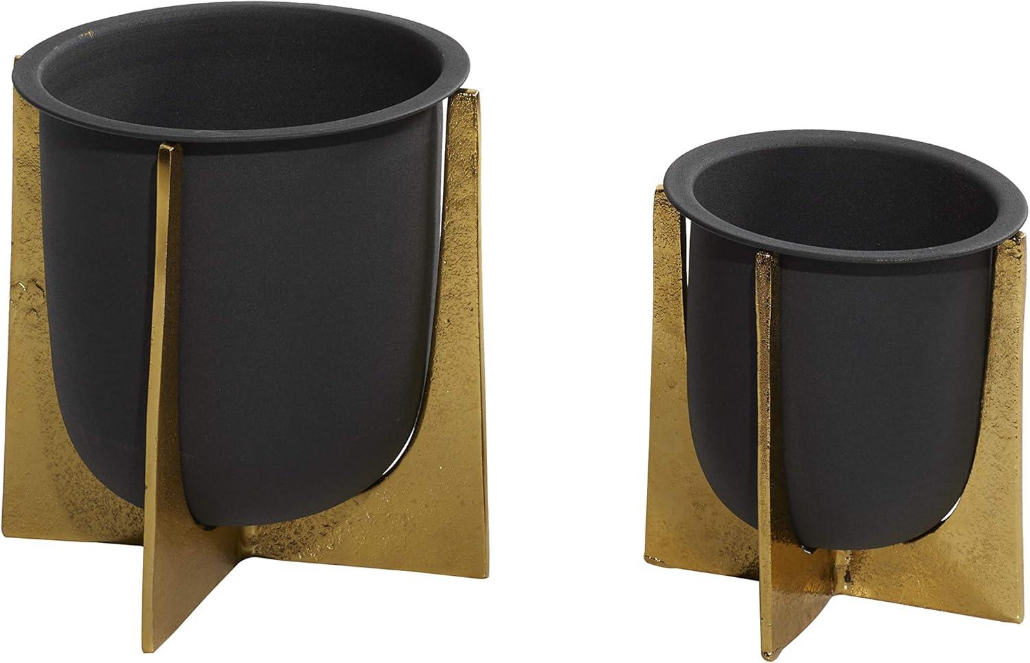 Glam Black and Gold Metal Indoor/Outdoor Planter Set with X-Shaped Stand