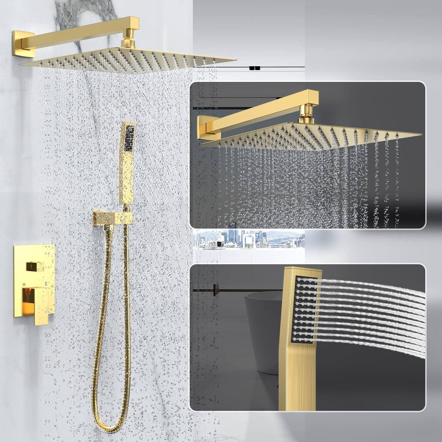 Shower system, 12" (approx. 30.5 cm) rain shower head and handheld spray bathroom shower unit with brass valve and wall trim kit Gold