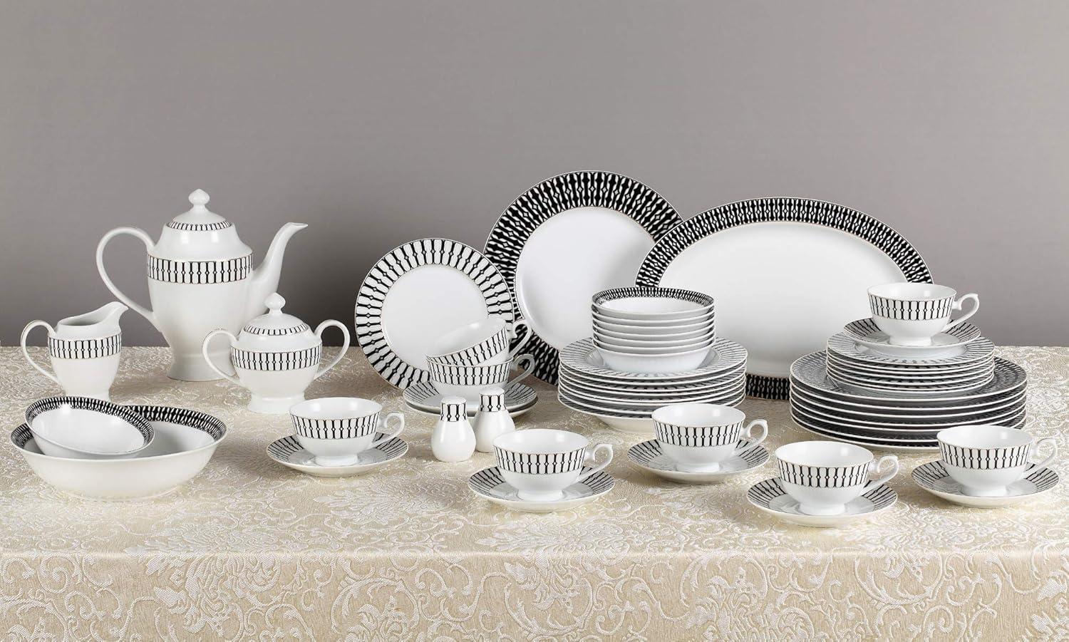 Lorren Home Trends Fiesta-57 57 Piece La Luna New Bone China Black & White Dinnerware Set, Service for 8