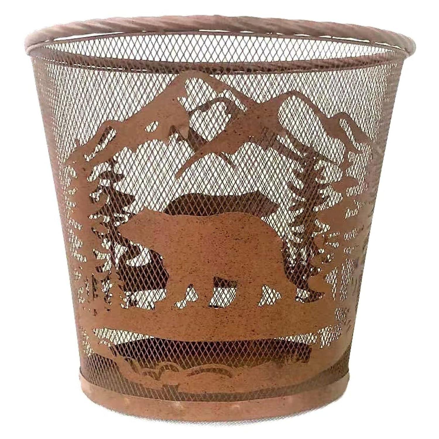 Rustic Brown Metal Mesh Bear Forest Waste Basket