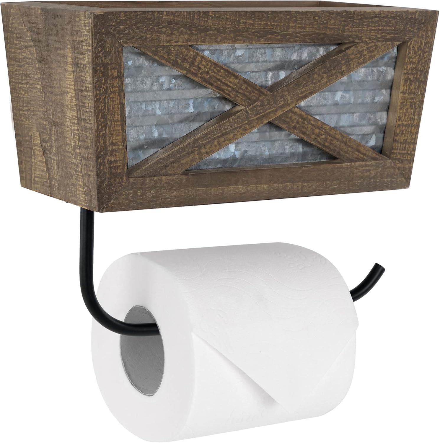 Farmhouse Wall Mount Rustic Toilet Paper Holder with Basket for Cell Phone