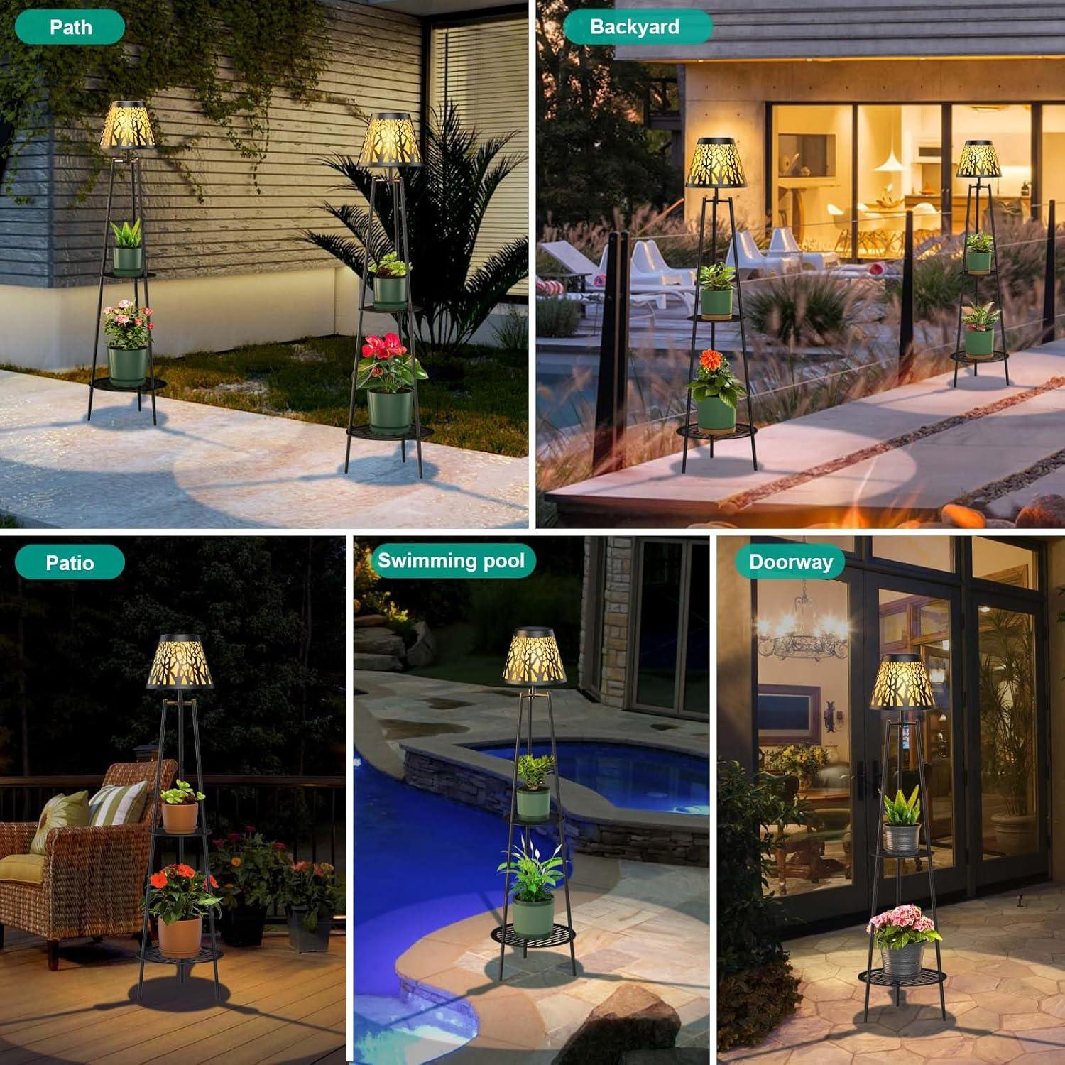 2 Pack 45.5'' Outdoor Floor Lamps with 2 Tier Plant Stand, Solar Powered Metal Waterproof Lights for Patio Deck Yard Garden Porch Decor
