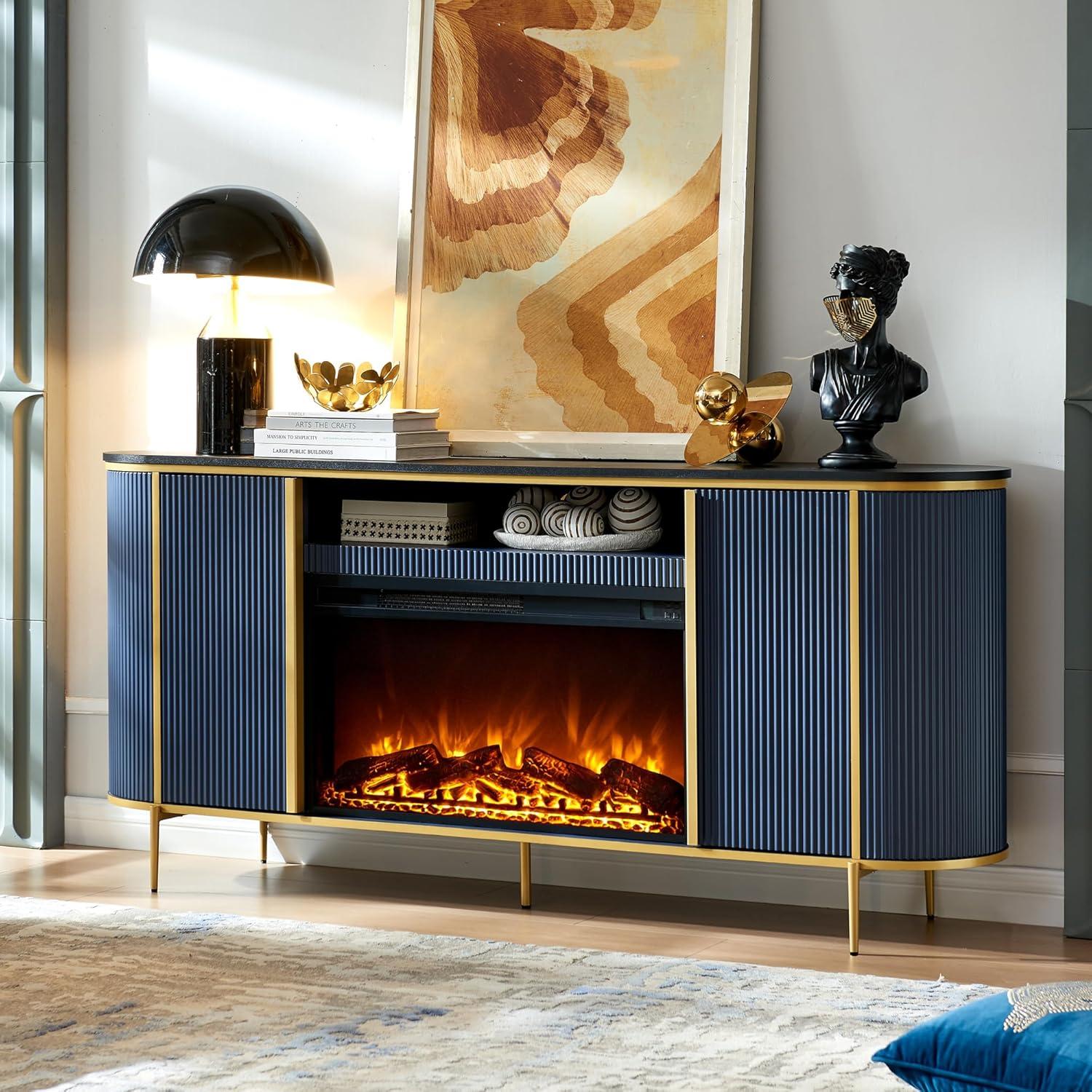 SinCiDo 70" Luxury TV Stand w/Faux Marble Top, Modern TV Console for TVs Up to 80 inches, Navy Blue