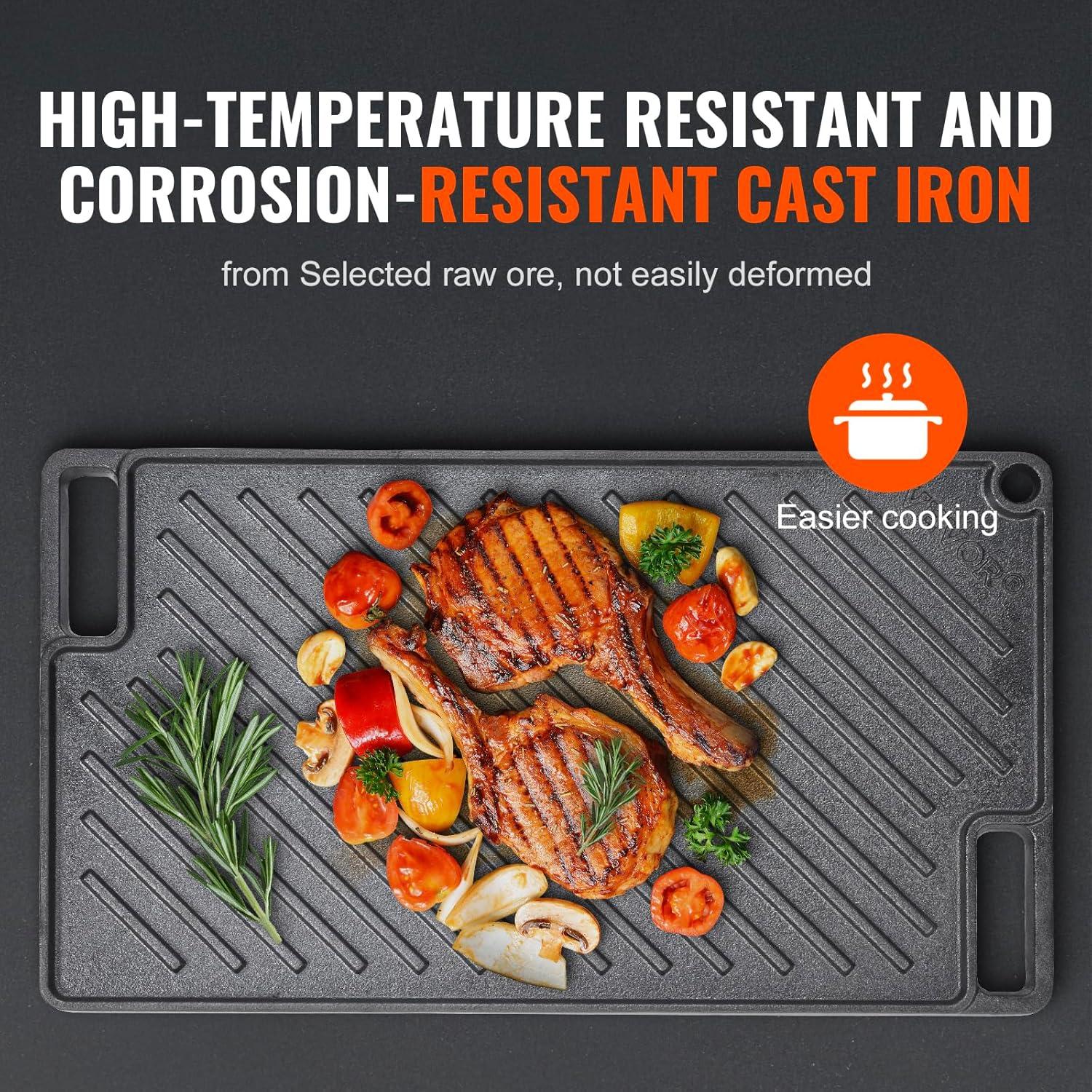 VEVOR Reversible Grill/Griddle, 14x8.5 inch Pre-Seasoned Cast Iron Griddle, Portable Rectangular Pan with Handle, Family Cookware for Indoor/Outdoor Stove Top Burner, Gas, Camping BBQ, Black