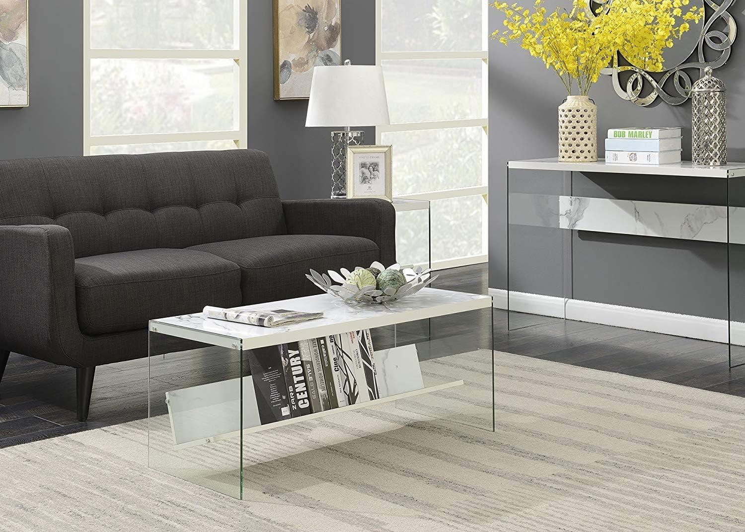 Sleek Modern 40" White Faux Marble and Glass Coffee Table