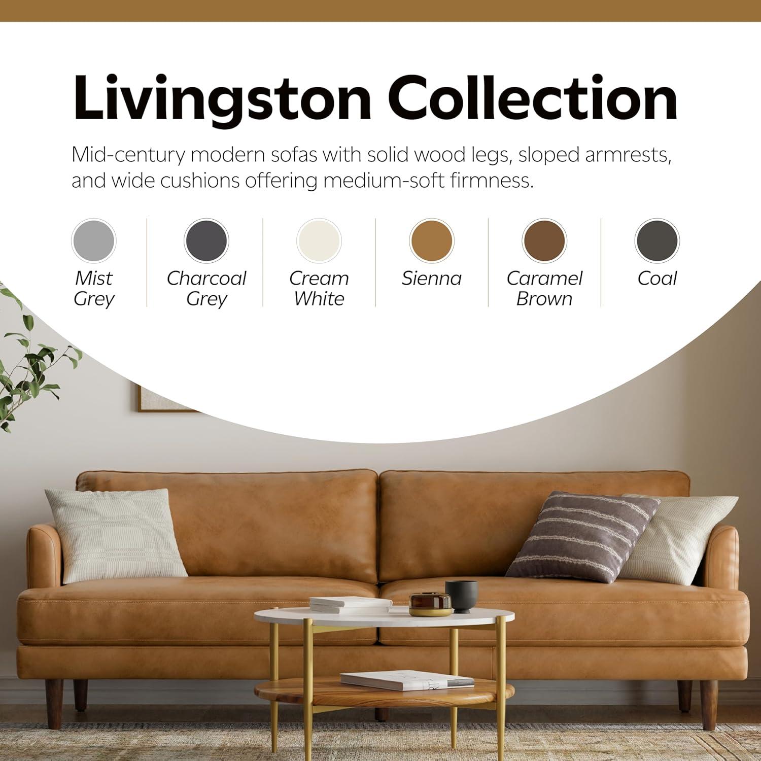 Simpli Home Livingston Top Grain Genuine Leather Mid-Century Modern Sofa With Solid Wood Frame For Living Room