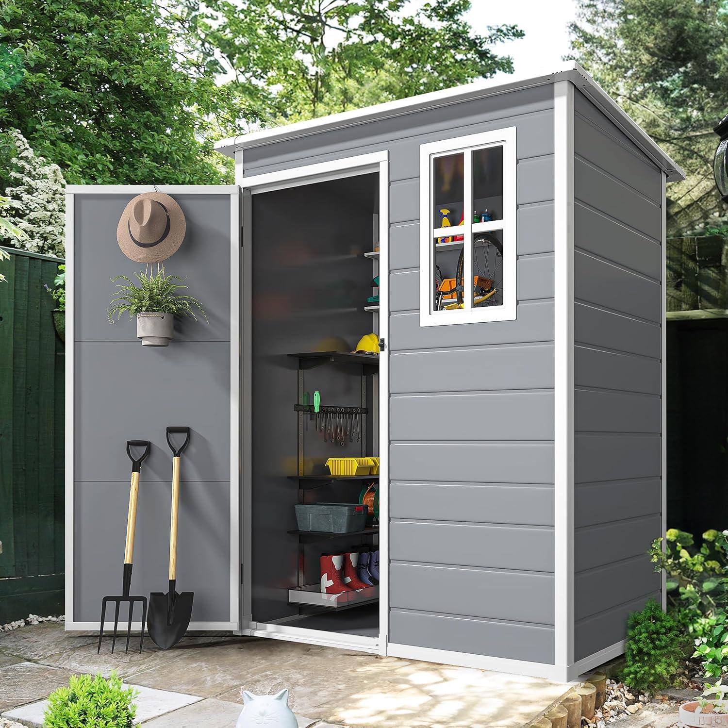 Aiho 5' x 3' Outdoor Storage Shed, Resin Storage House  with Lockable Door for Backyard , Gray