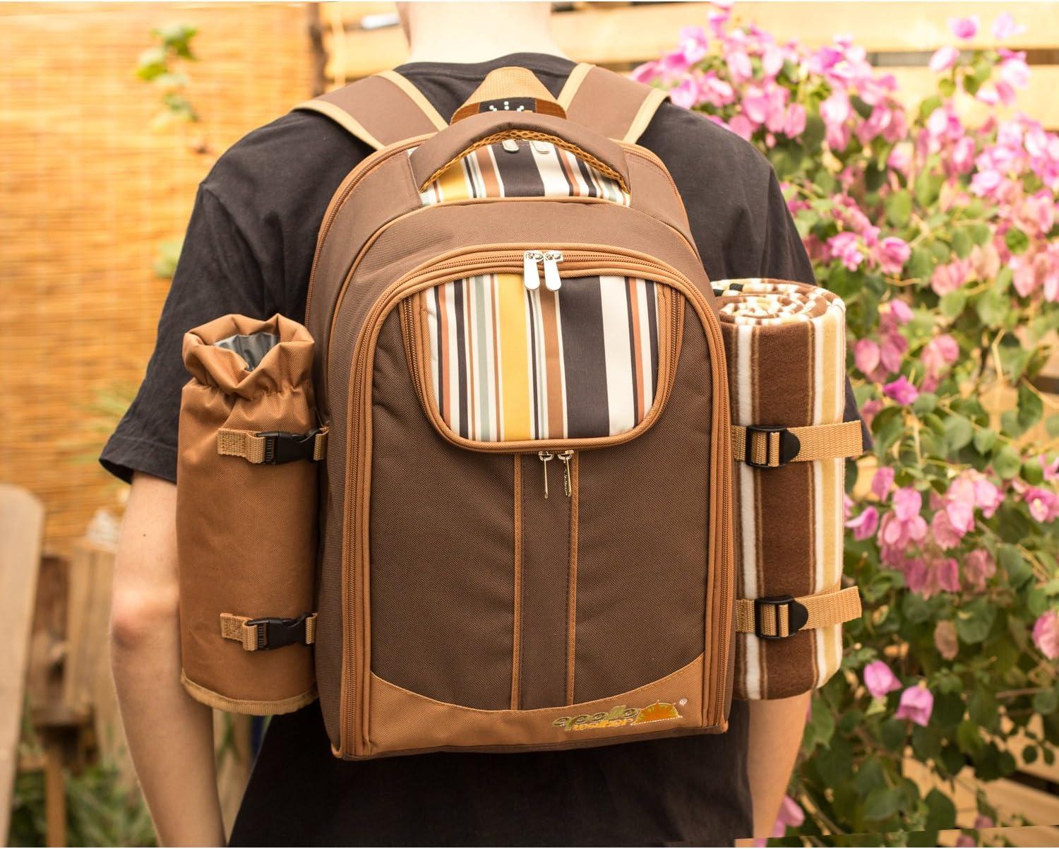 Brown Picnic Backpack for 2 with Cooler and Blanket