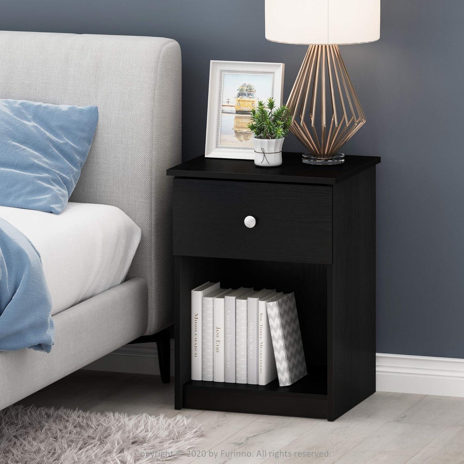 Furinno Lucca Nightstand with One Drawer, Black Oak