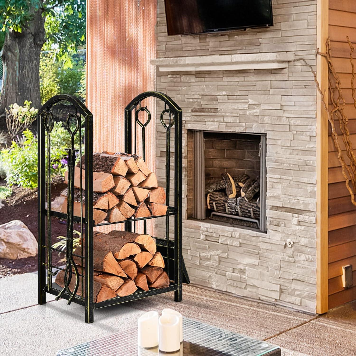 Kadyn Fire Wood Storage Racks, Firewood Holder,Firewood Frame,Firewood Shelf,Fireplace Log Rack with 4 Pieces Fireplace Tools-Bronze