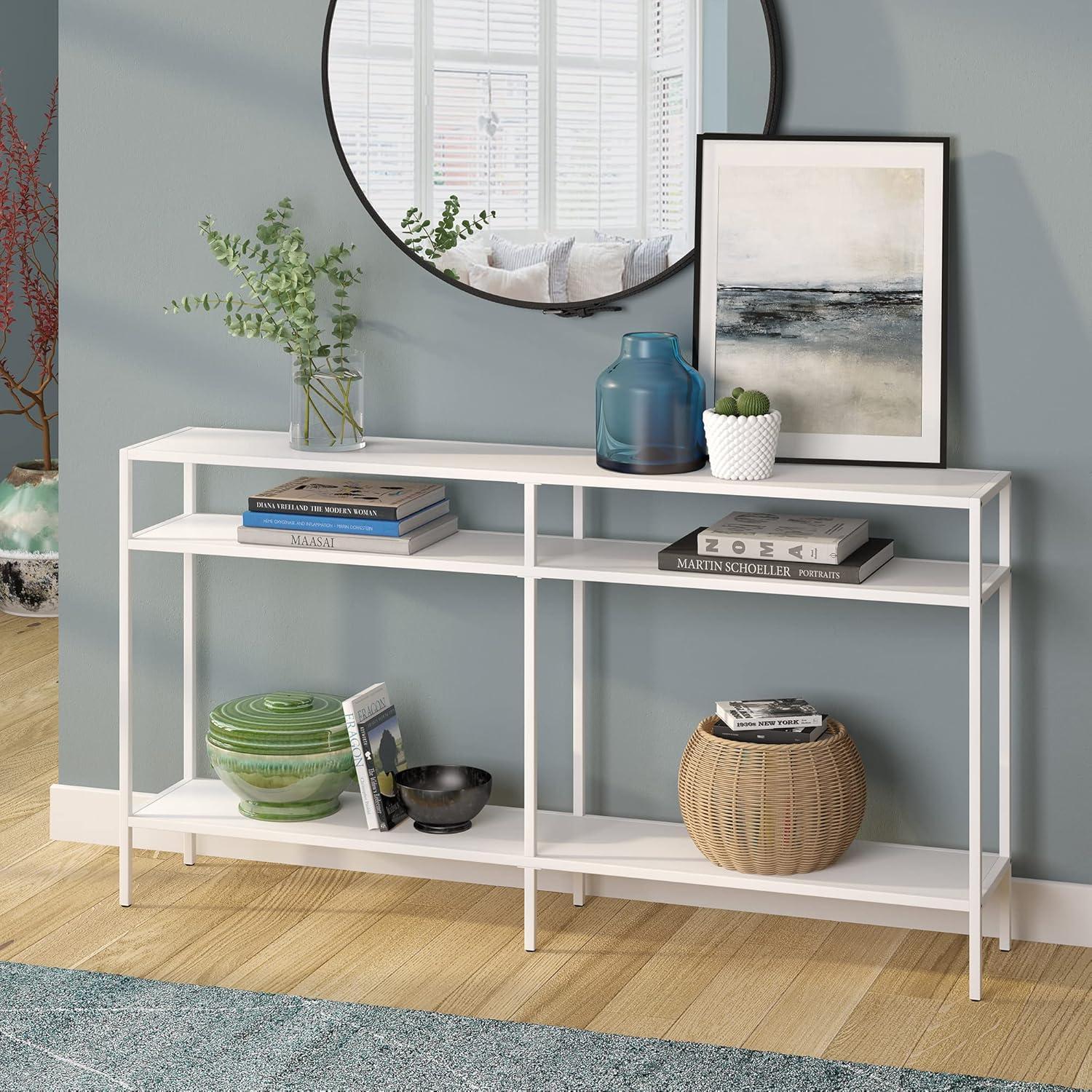 Evelyn&Zoe Sivil 55" Wide Rectangular Console Table with Metal Shelves, Matte White