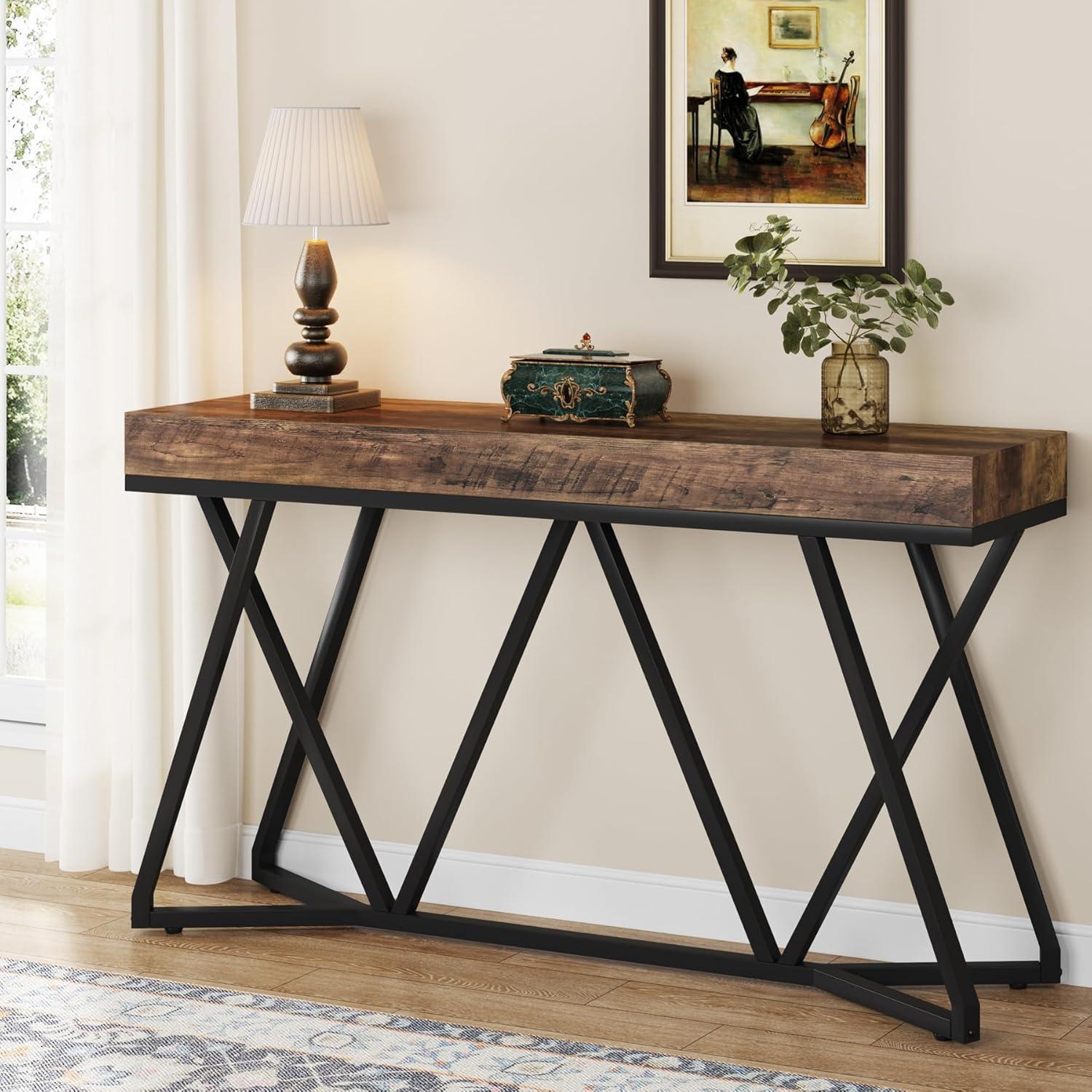 Rustic Brown 55" Wood and Metal Console Table with Storage