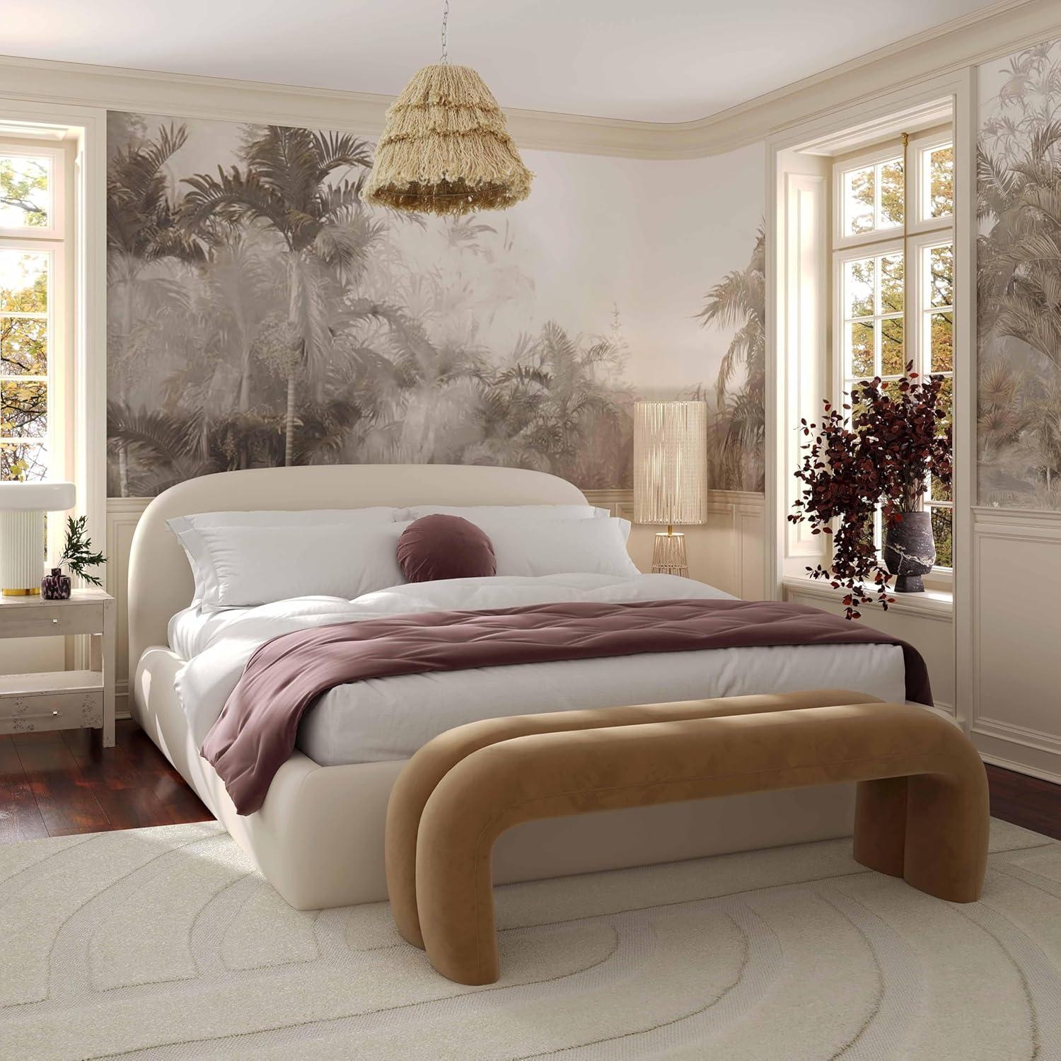 Cream Velvet Upholstered Queen Bed with Rounded Headboard