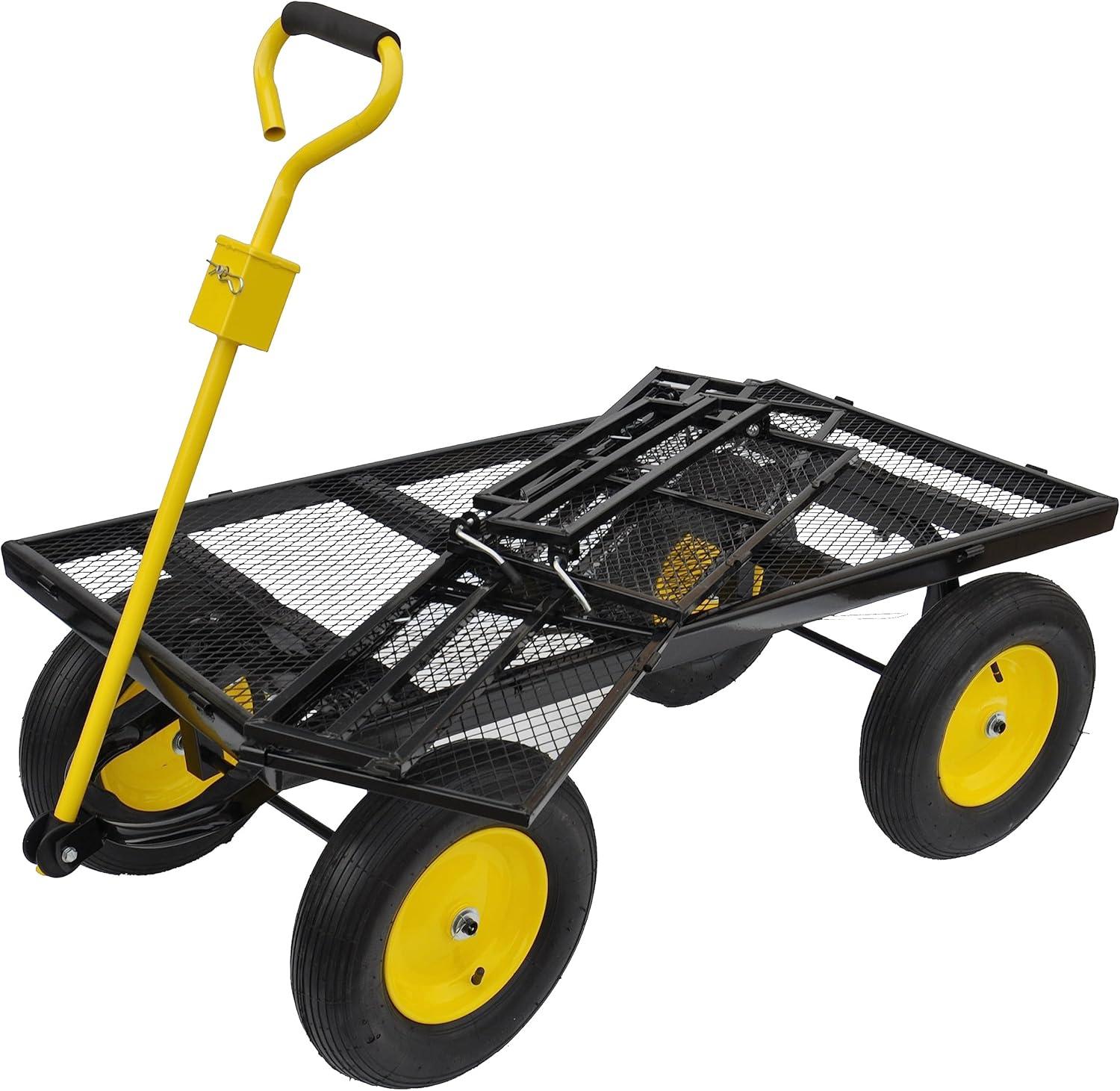 Large Black and Yellow Metal Garden Cart with Pneumatic Tires