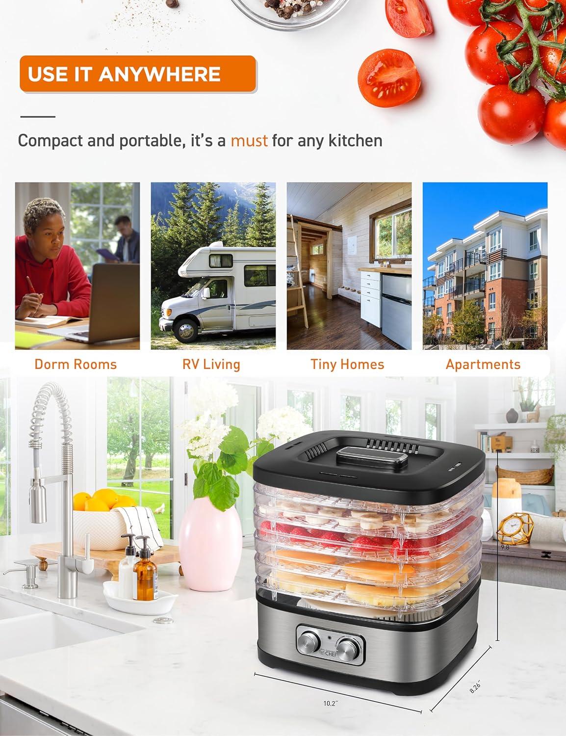 COMMERCIAL CHEF Food Dehydrator with 5 Adjustable Height Trays, Stainless Steel