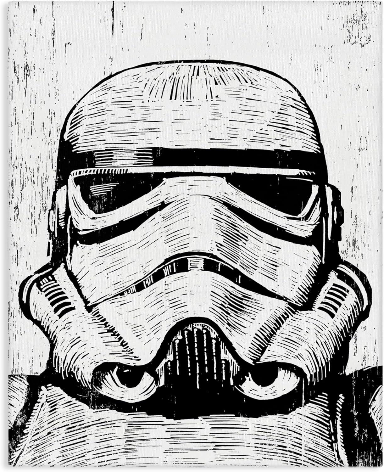 The Stupell Home Decor Collection Black and White Star Wars Stormtrooper Distressed Wood Etching Stretched Canvas Wall Art, 16 x 1.5 x 20