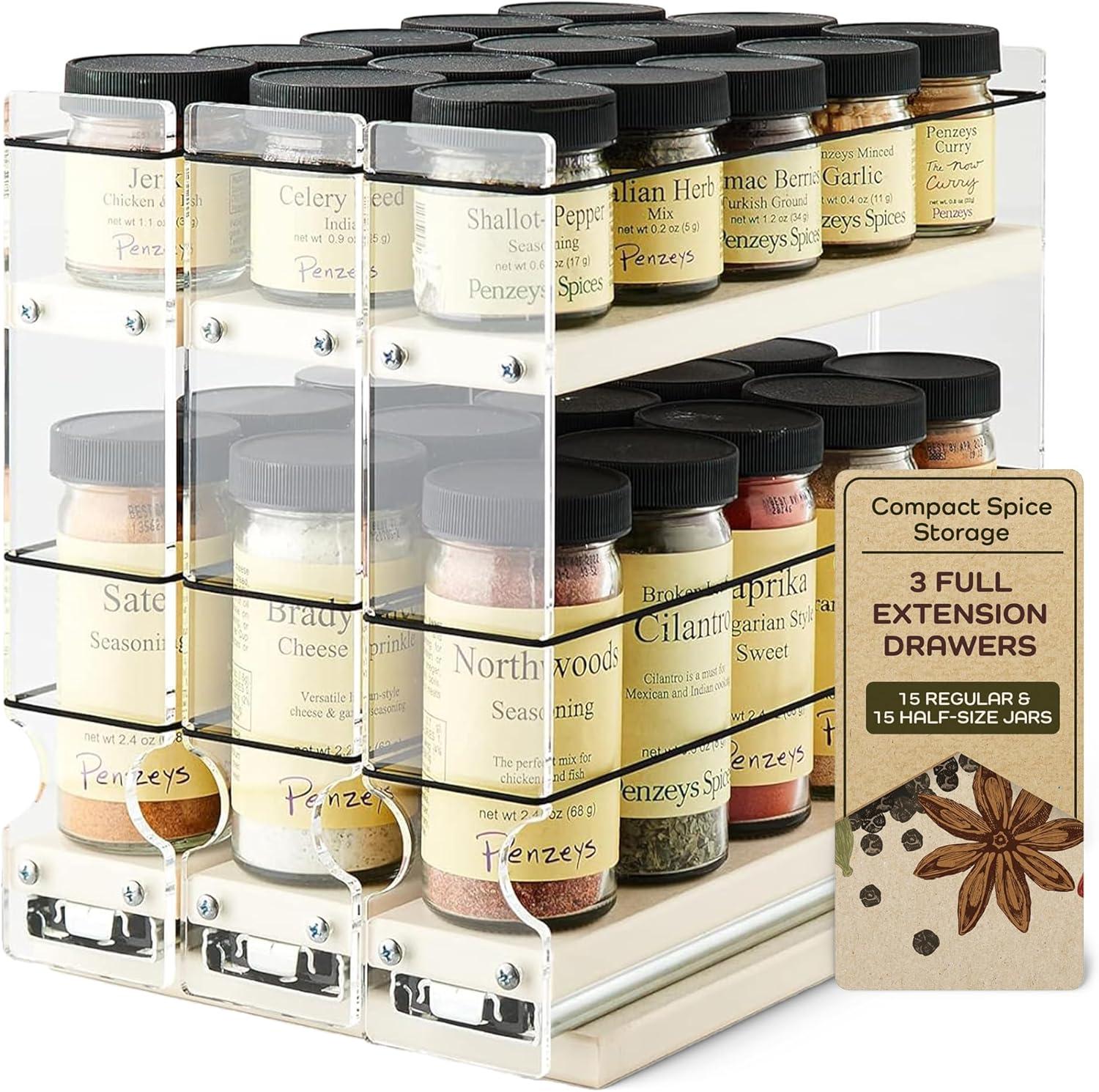 15 Regular / 15 Half-Size Capacity 3 Drawer 2 Tier Spice Rack with Flex-Sides Best Fit in 9.5" High Space