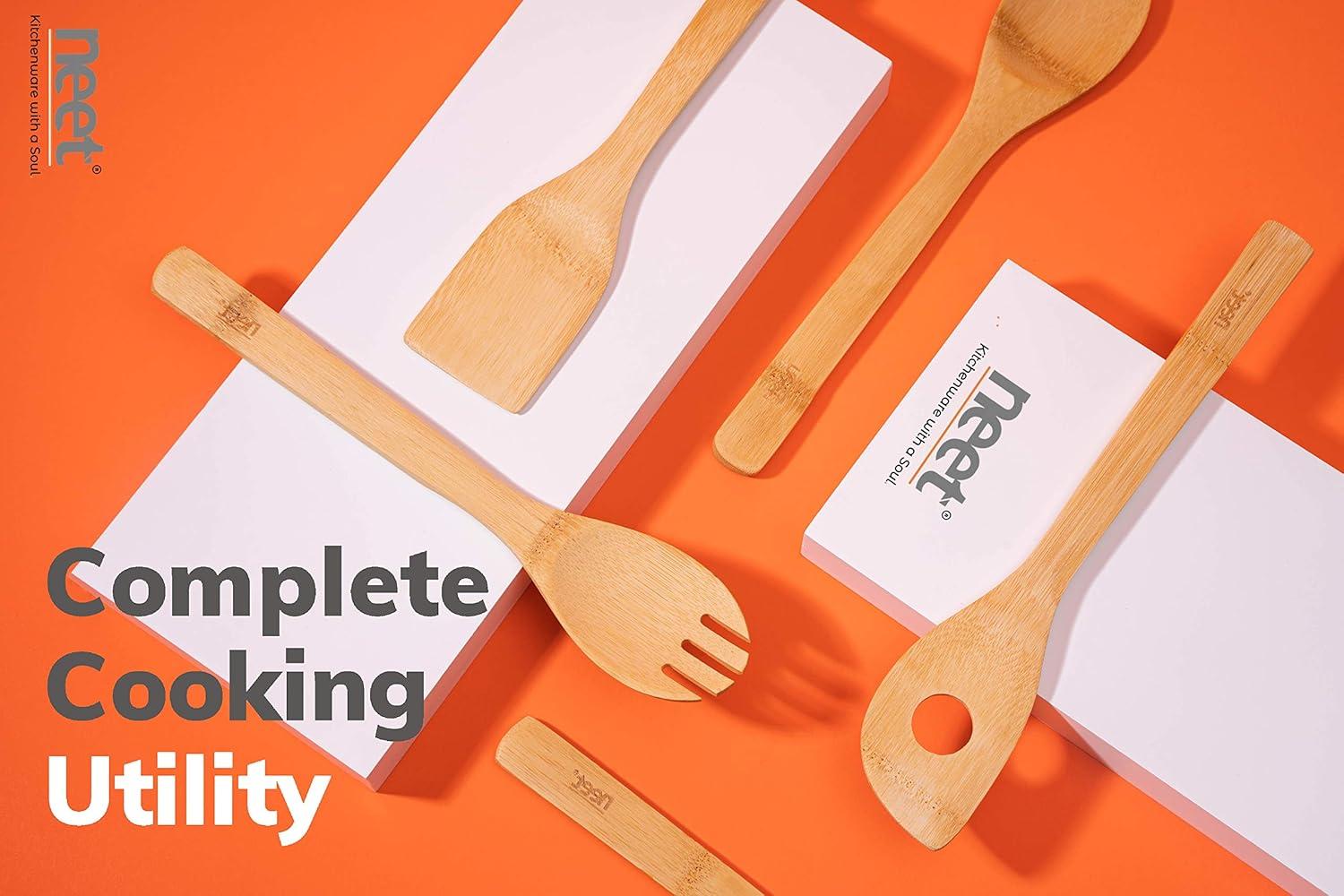 Wooden Spoons For Cooking 6 Piece Organic Bamboo Utensil Set With Holder Wood Kitchen Utensils Spatula Spoon For High Heat Stirring In Nonstick Pots & Pans