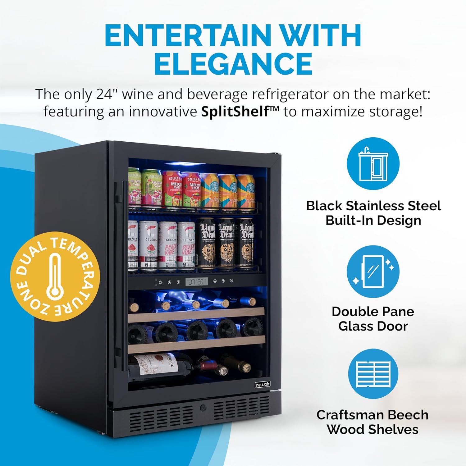 Newair 24" Built-in Dual Zone Wine and Beverage Refrigerator 24 Bottles & 100 Cans, Black Stainless Steel, Drinks and Wine Combination Fridge