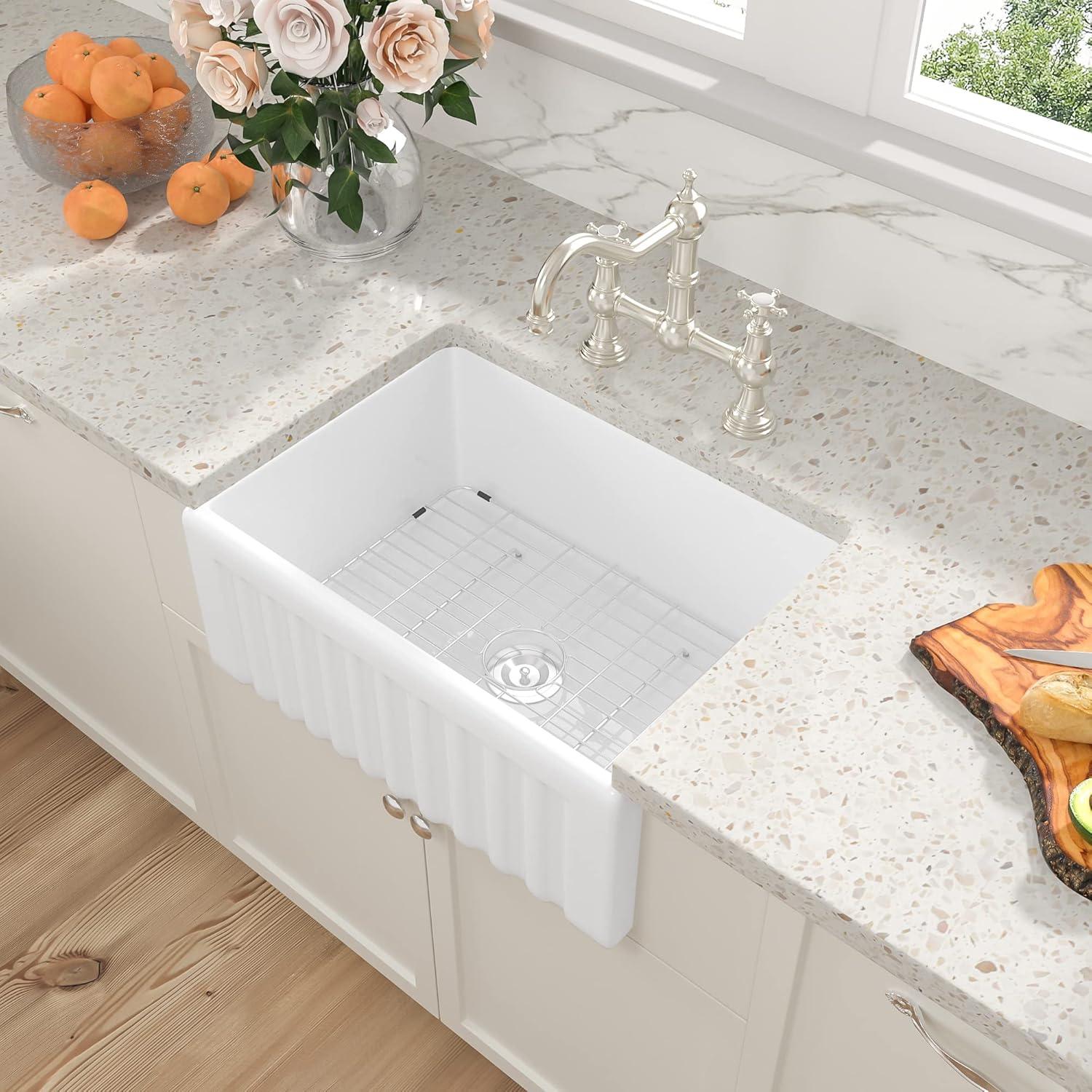 24-Inch Glossy White Fireclay Farmhouse Kitchen Sink with Accessories