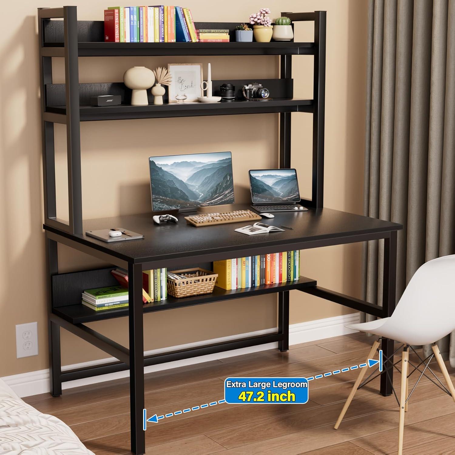 Black Engineered Wood Computer Desk with Hutch and Shelves