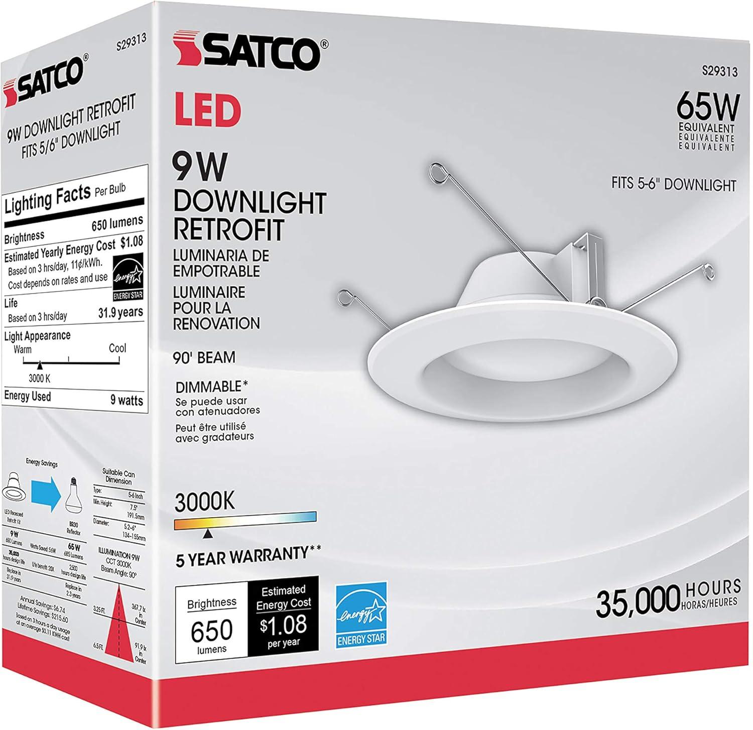 Satco Lighting S29313 LED Canless Recessed Fixture 5-6" 9.8W 120V 3000K Dimmable (1 Pack)