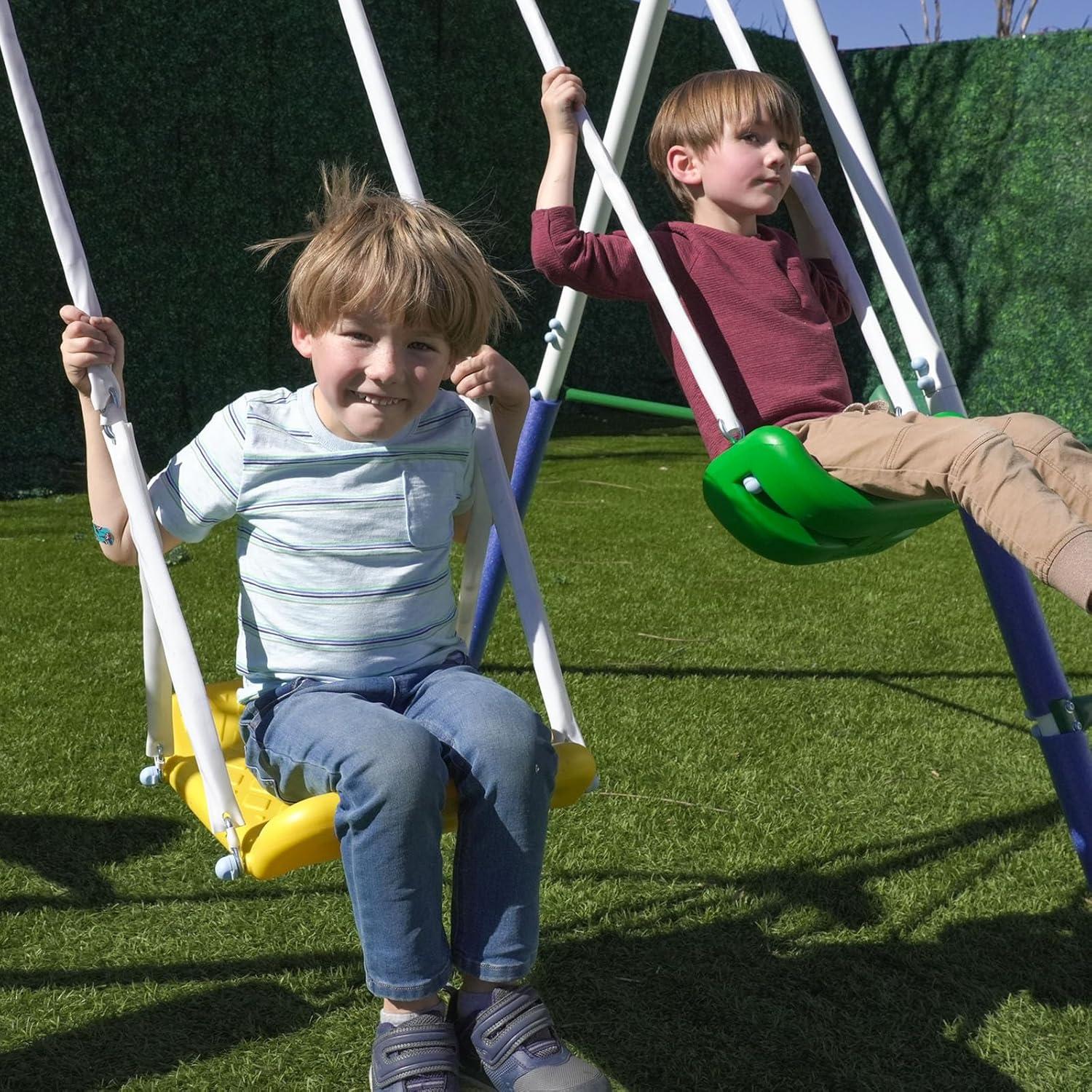 Sportspower Sportspower Park Ridge Metal Swing Set With 2 Swings, Standing Swing, 2 Person Roman Glider Swing, Teeter Totter And 5' Slide, Bonus Anchor Kit Included