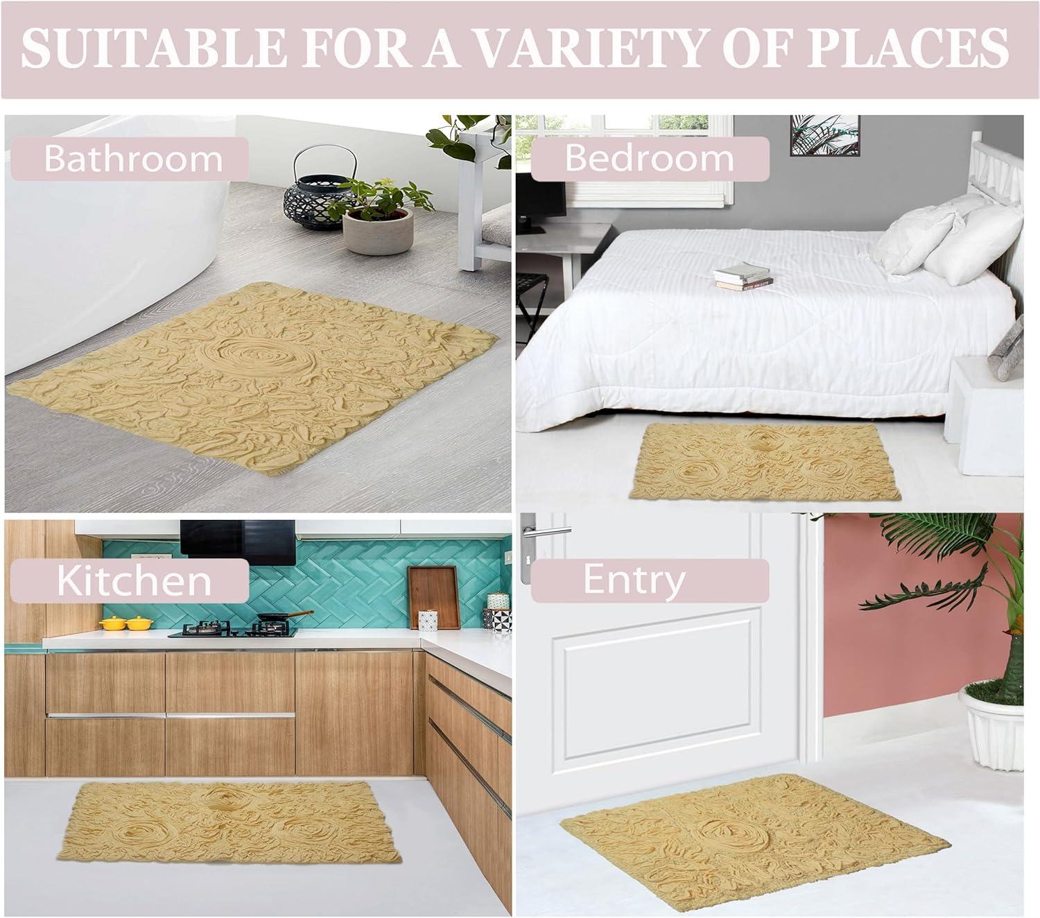 Yellow Cotton Tufted Bath Rug Set with Floral Design