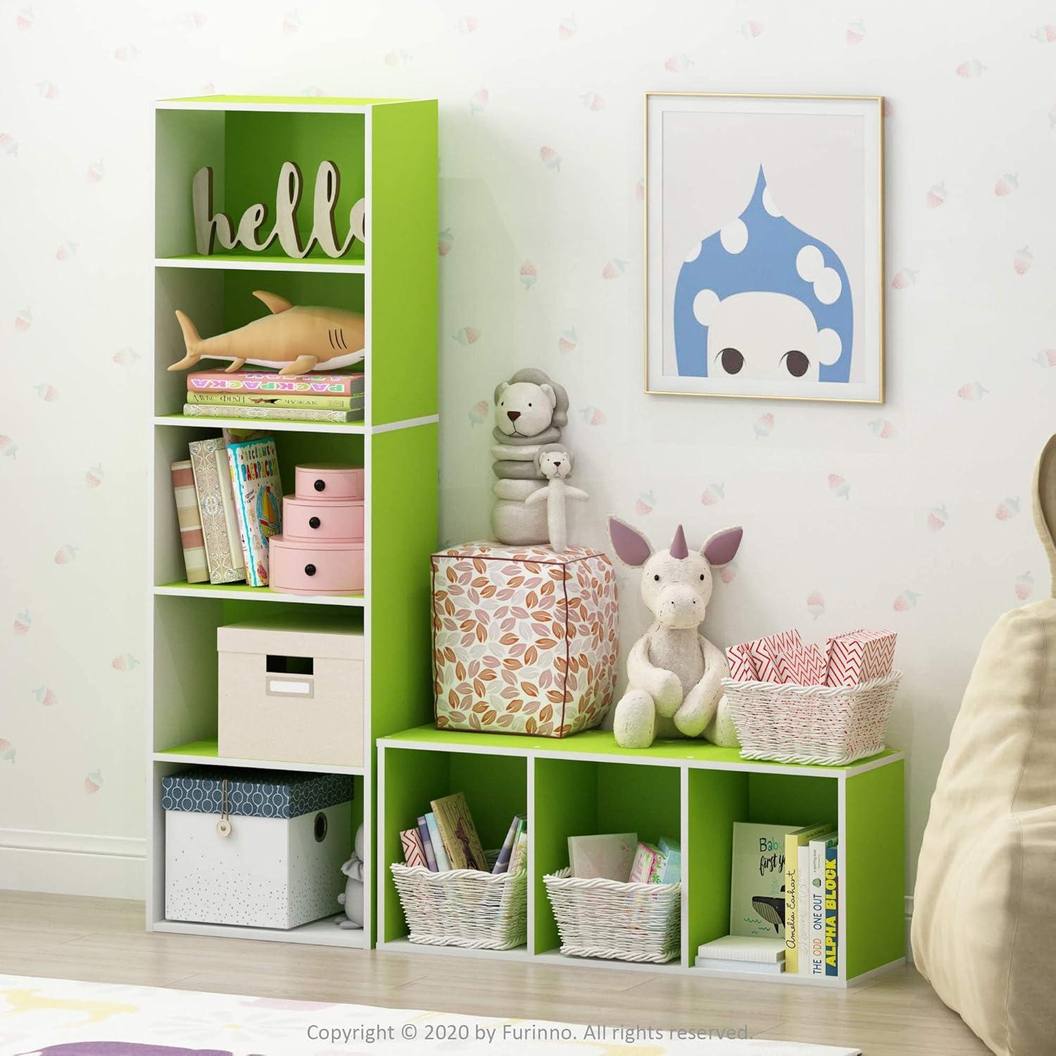 White and Green 5-Tier Laminated Bookcase