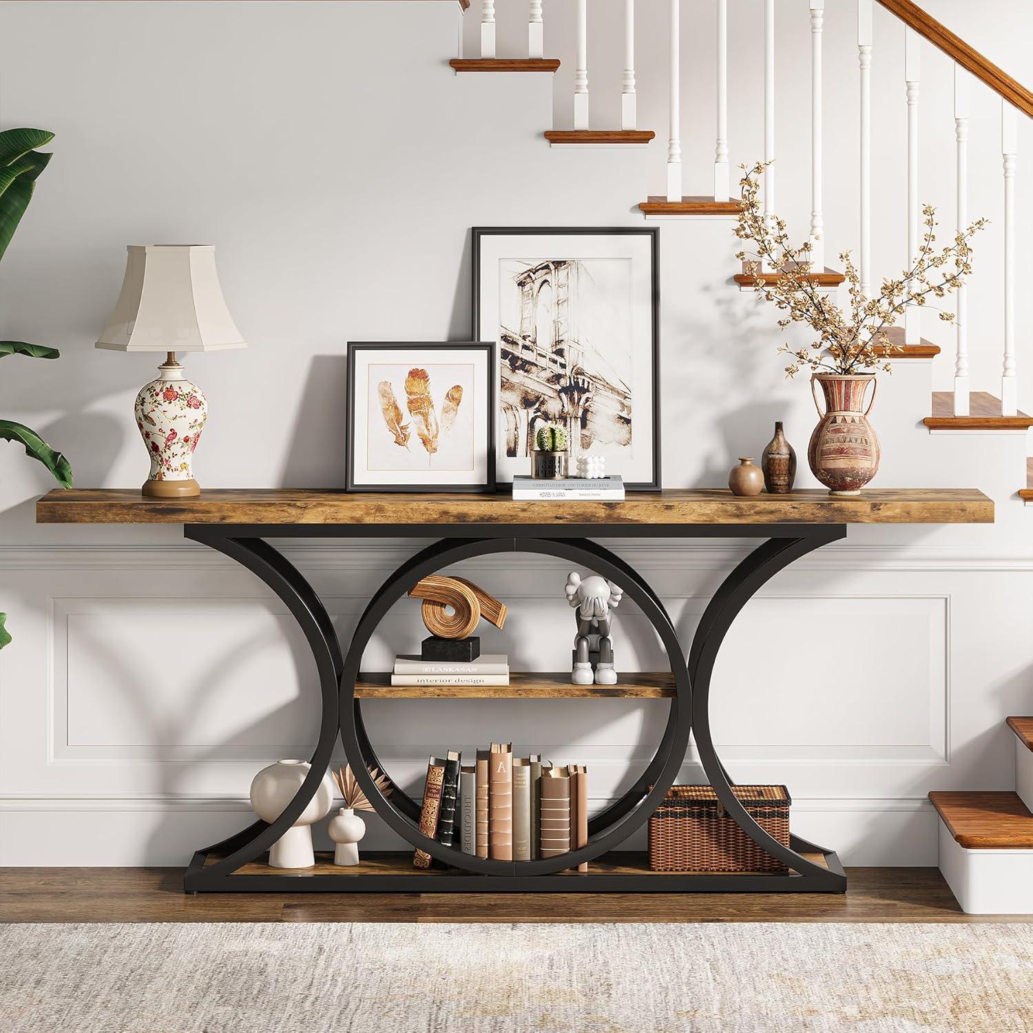 63 Inch Rustic Brown and Black Wood Metal Console Table with Storage
