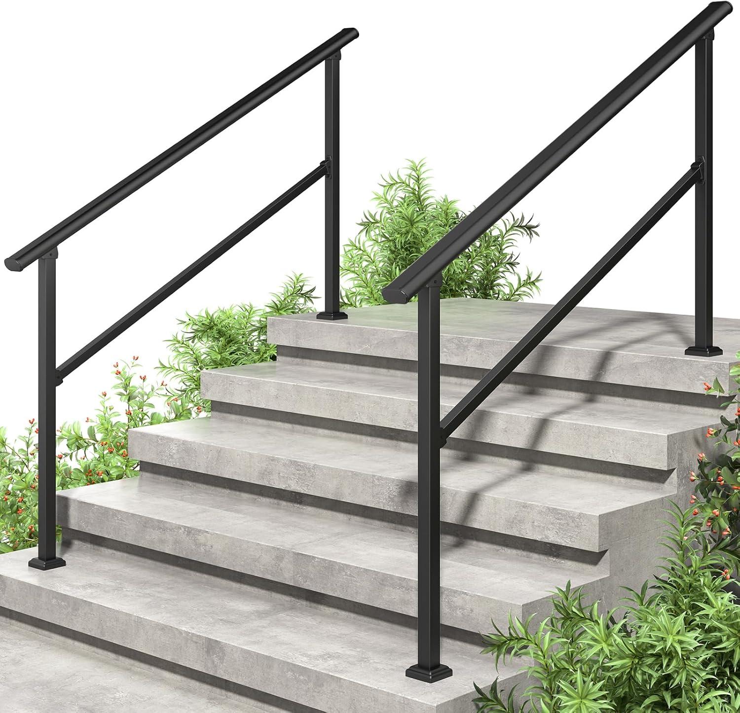 ROOMTEC 2 Pack 5 Step Handrails - Outdoor Safety Hand Rails, Black Wrought Iron Stair Railing Kit (4-5 Steps)
