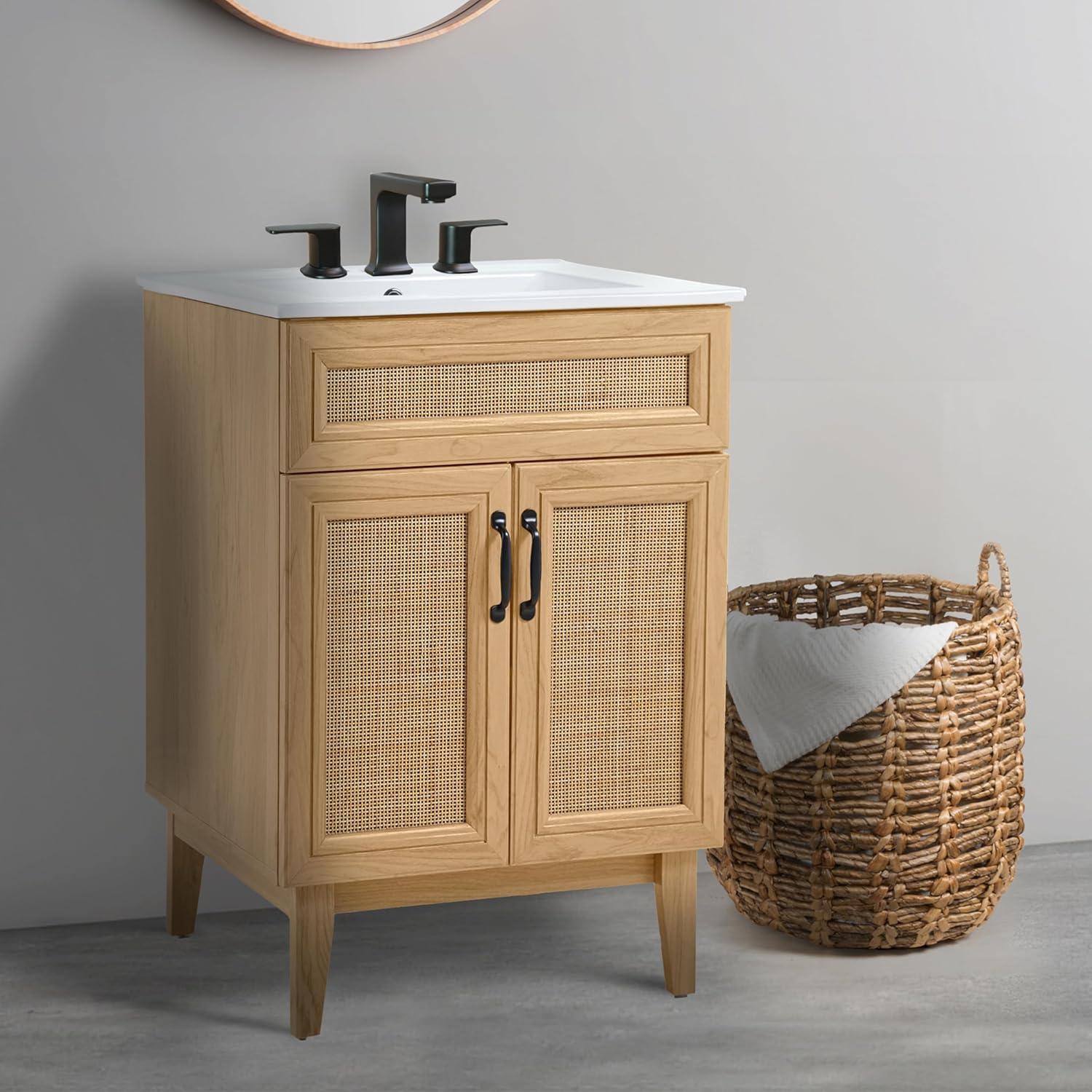Javer 24" Rattan Modern Farmhouse 2-Shelf Bath Vanity Cabinet Only (Sink Basin not Included)