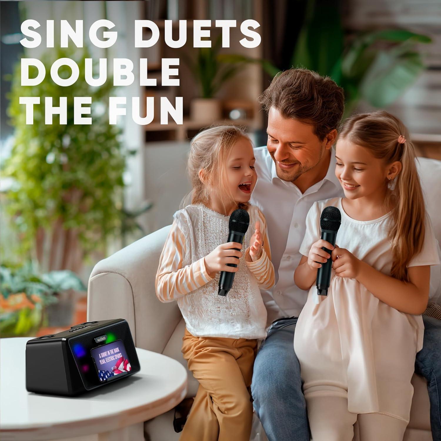 MASINGO Karaoke Machine for Adults and Kids with 2 Wireless Microphones, Portable Bluetooth Singing Speaker, Colorful LED Lights, PA System, Lyrics Display Holder & TV Cable - Presto G2 (Black)