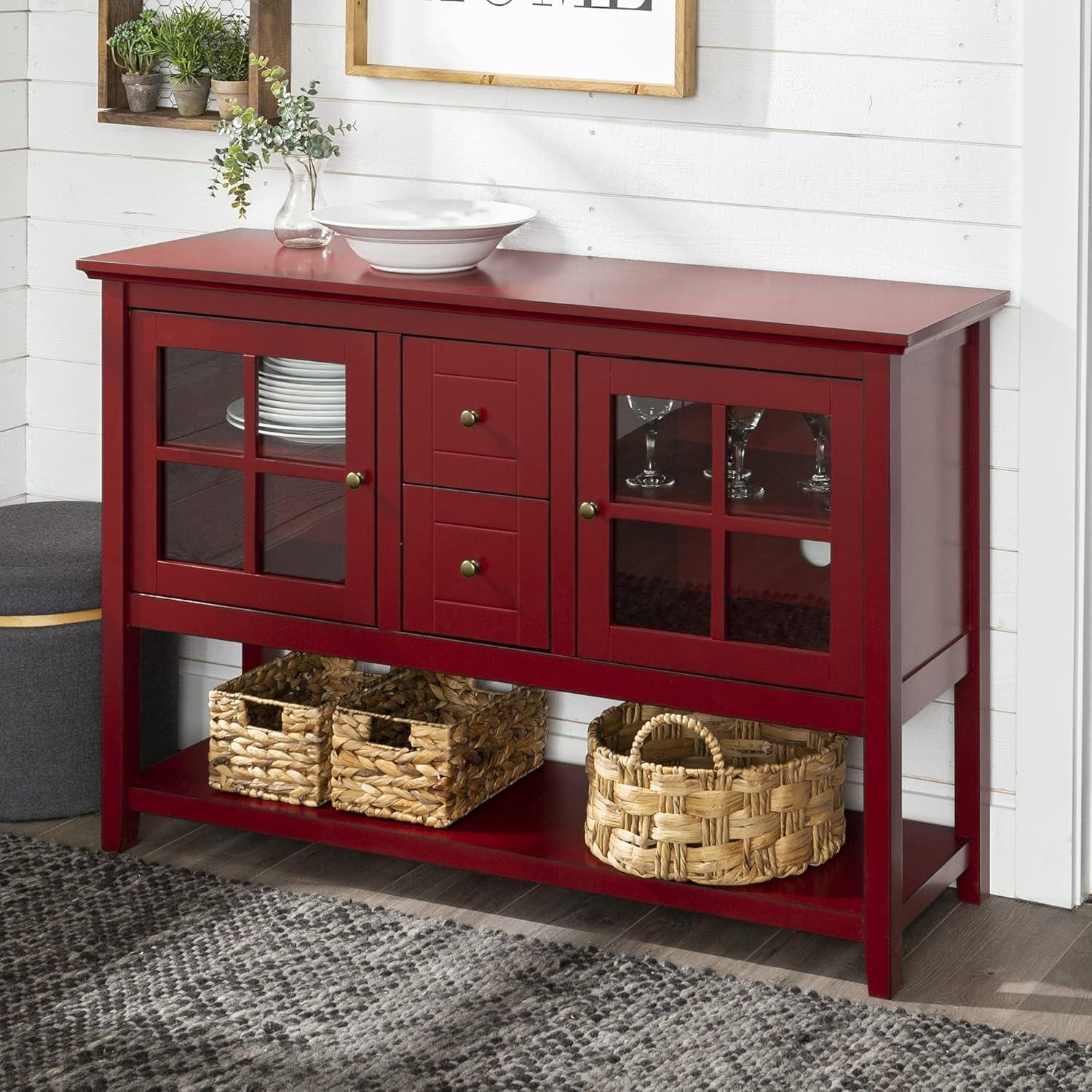 Antique Red Farmhouse Console with Glass Doors and Storage