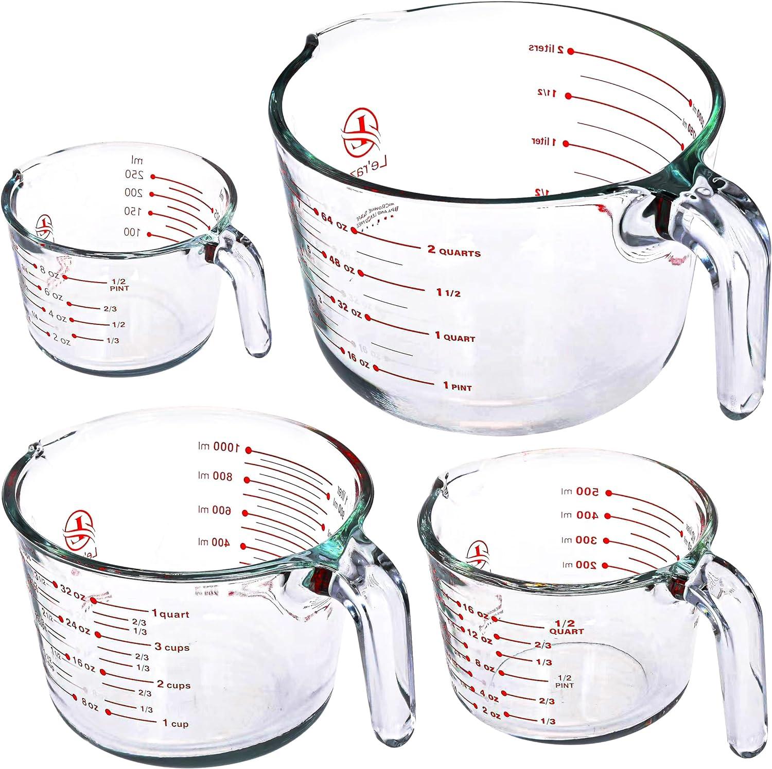 Le'raze Set of 4 Glass Measuring Cups with Measurement Markings - 1 cup, 2 cup, 4 cup, 8 cup.