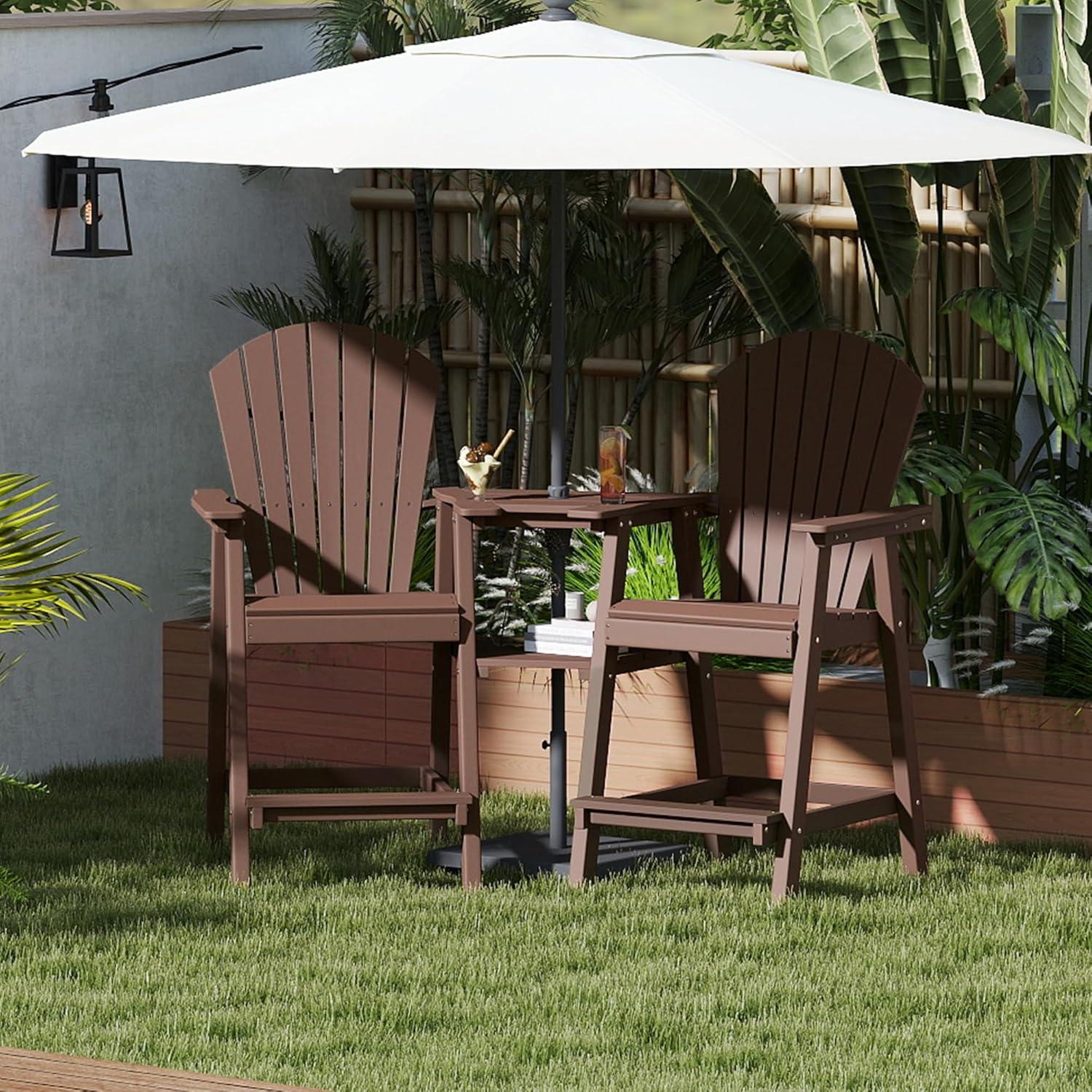 JUSTLET Tall Plastic Adirondack Chair Set of 2 W/ Outdoor Barstools and Connecting Tray, Brown