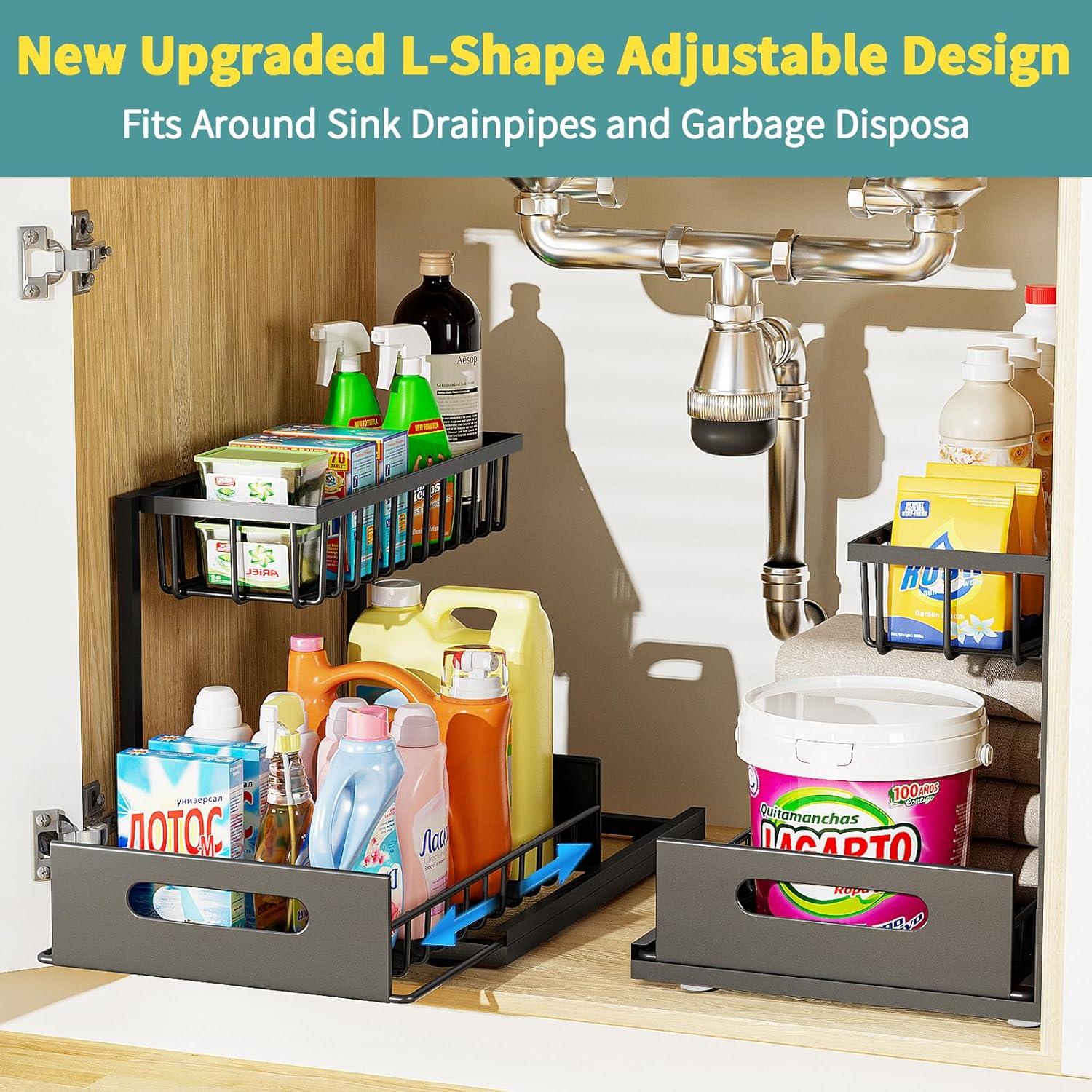 DELAMU 2 Pack Under Sink Organizers and Storage, Pull Out Trash Can Under Cabinet, 2 Tier Bin Organizer with Hooks and Haning Cups, Multi-Purpose Sliding Under Cabinet Organizer