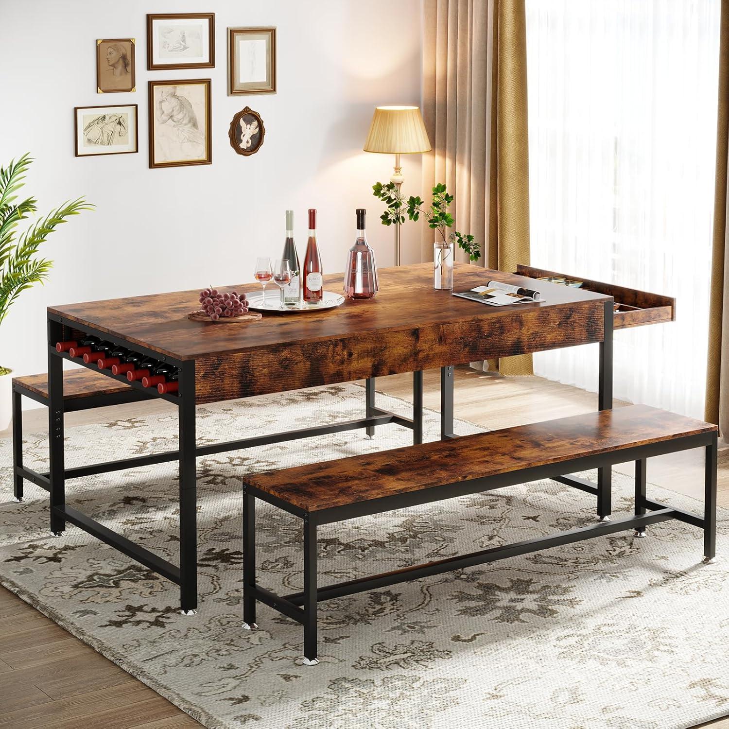 17 Stories Zubie 63"Dining Table Set for 4-6, 3-Piece Kitchen Table with 2 Utensil Drawers,2 Benches&Wine Rack