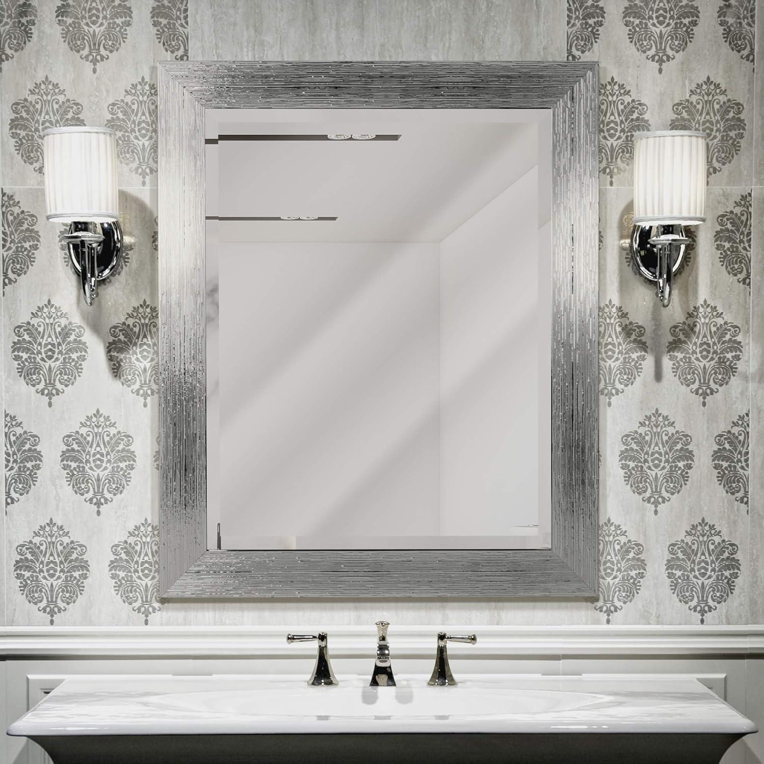 Head West Textured Chrome Rectangular Framed Beveled Accent Wall Vanity Mirror - 27.5 x 33.5