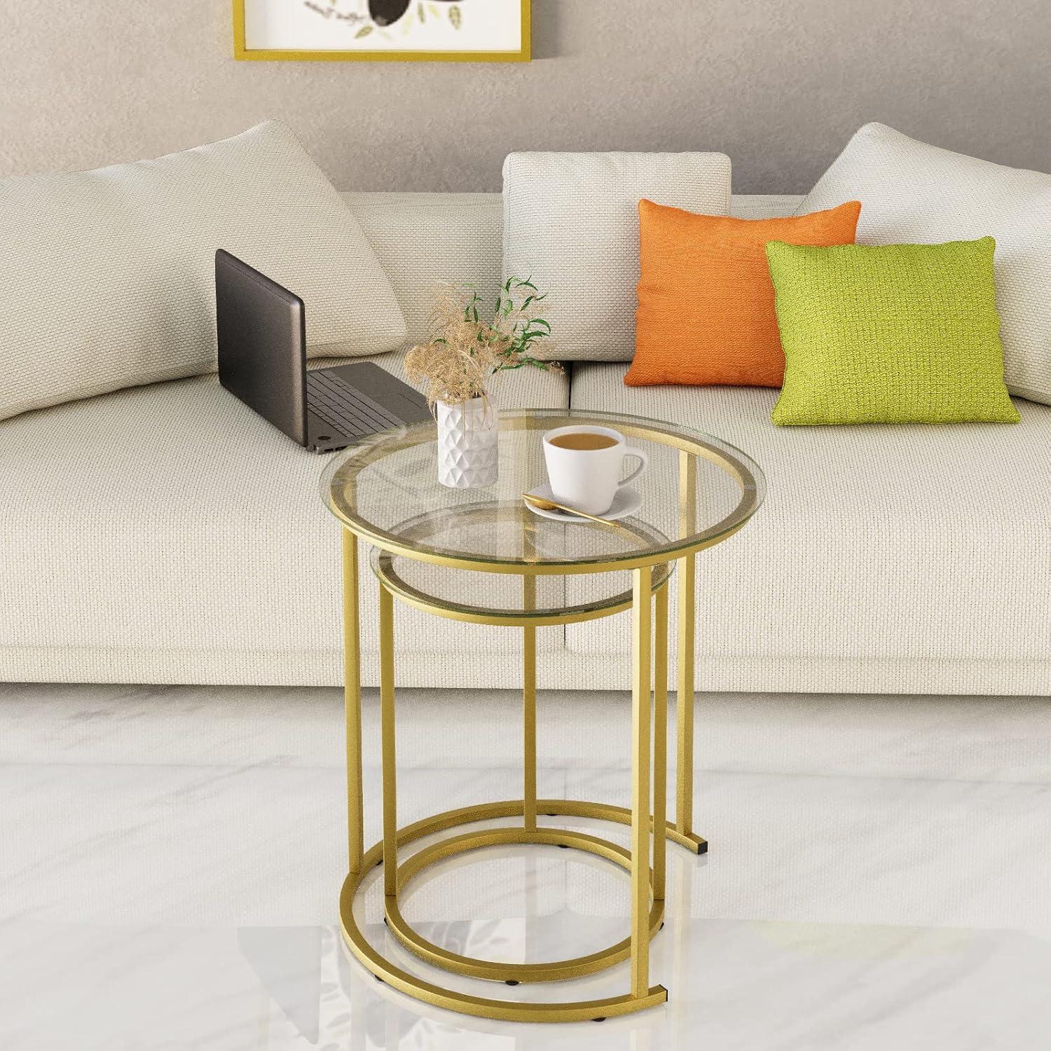 Gold Glass Round Nesting Coffee Table Set with Metal Frame