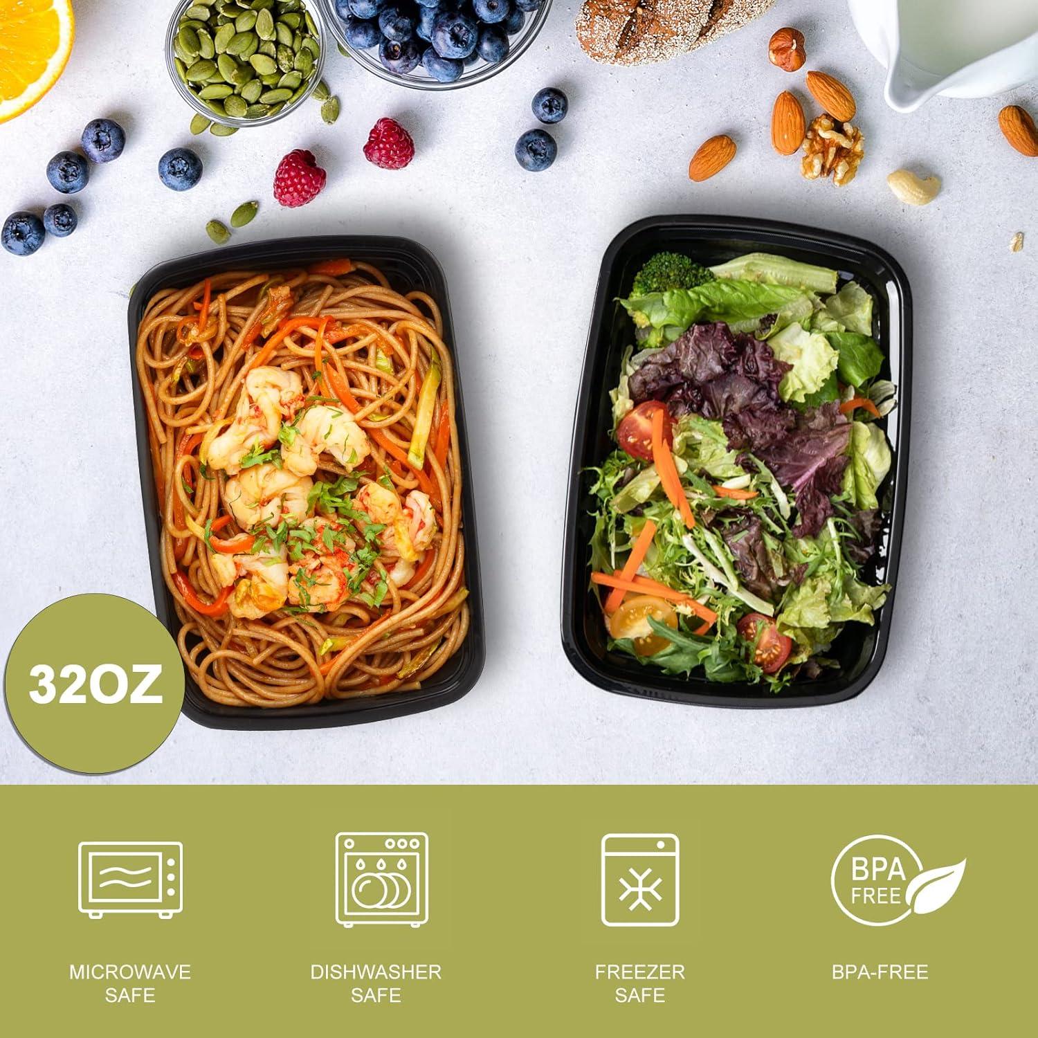 Diska NuLife 32oz Rectangular Food Container 50 Set | Black PP Polypropylene Containers With Lids For Storage | Microwave & Freezer Safe | Eco-Friendly, BPA-Free