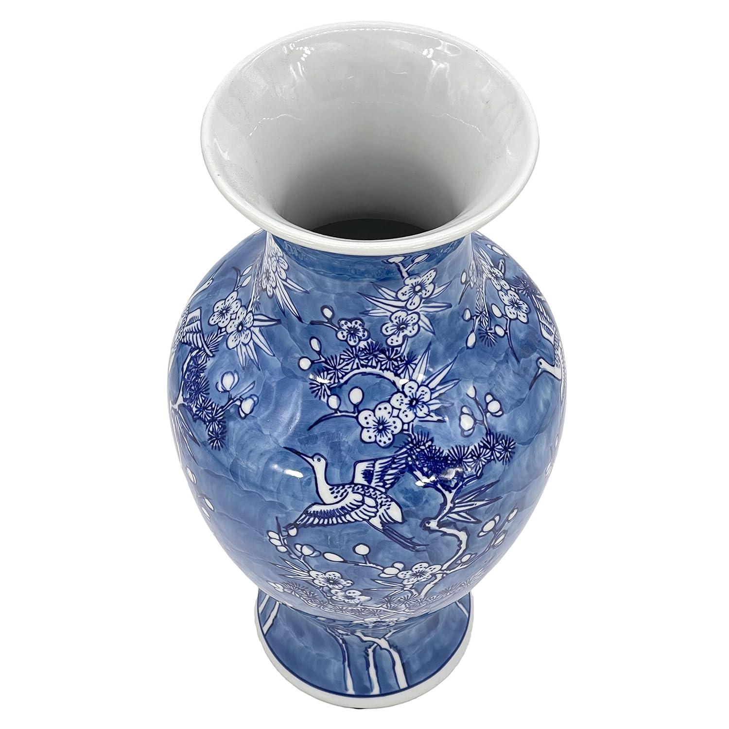 Dark Blue Floral Chinoiserie Ceramic Vase with White Accents