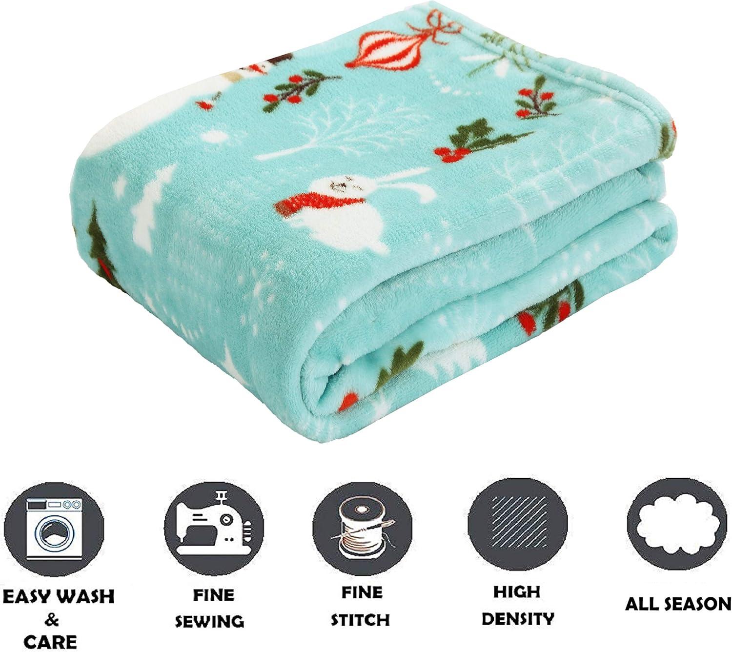 Teal Holiday Fleece Throw Blanket with Santa and Snowman, 50" x 60"