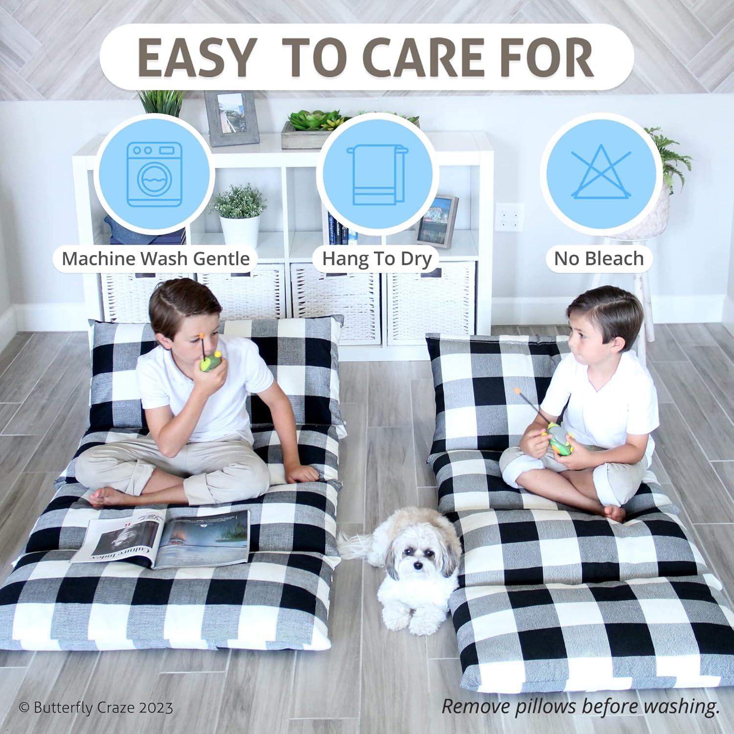 Butterfly Craze Butterfly Craze Floor Pillow Case, Mattress Bed Lounger Cover, Black/White Plaid, King Size - for Kids & Adults