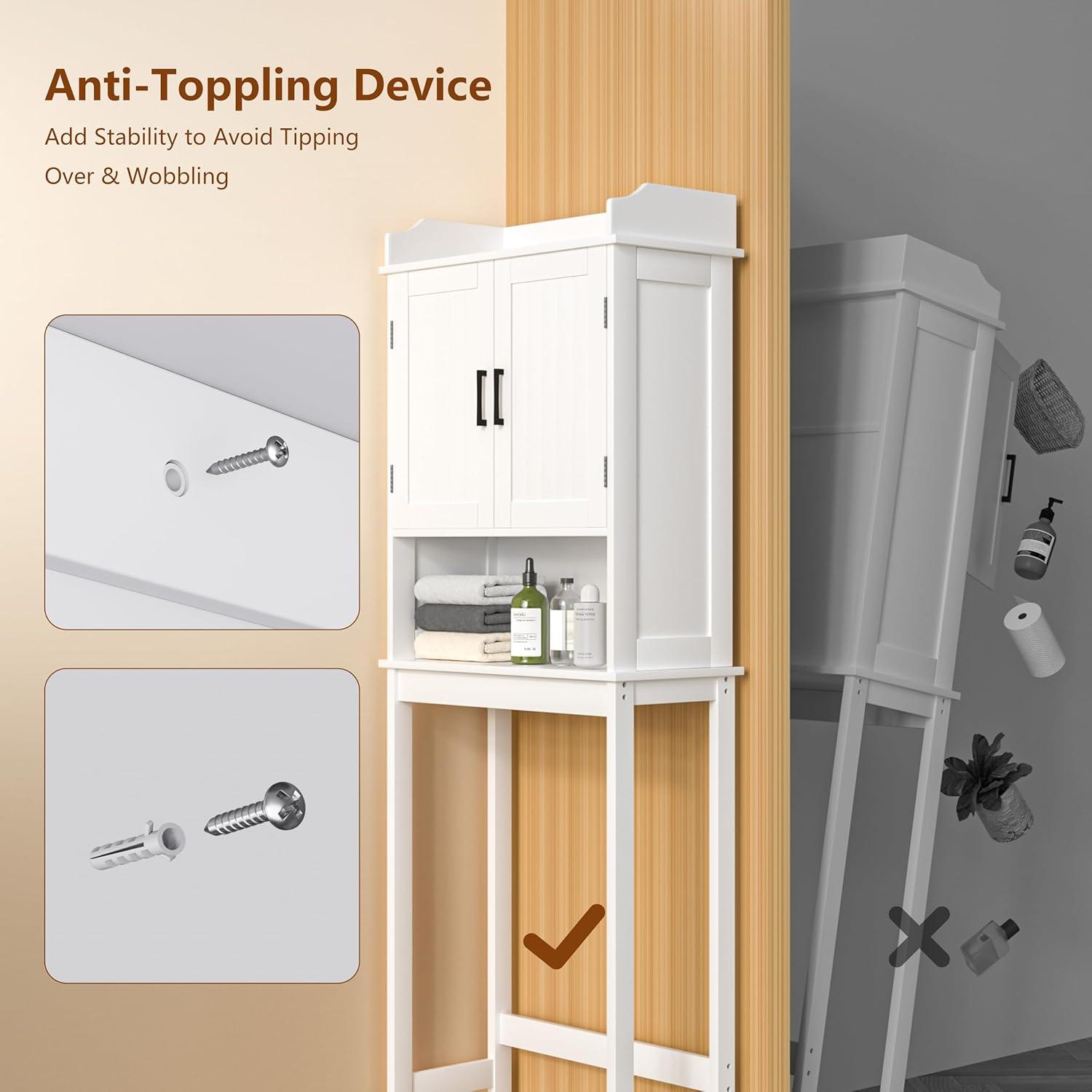 MUPATER Bathroom 67" Storage Cabinet Organizer with Shelves and Doors, Small Freestanding Toilet Shelf Space Saver with Anti-Tip Design and Adjustable Bottom Bar, White