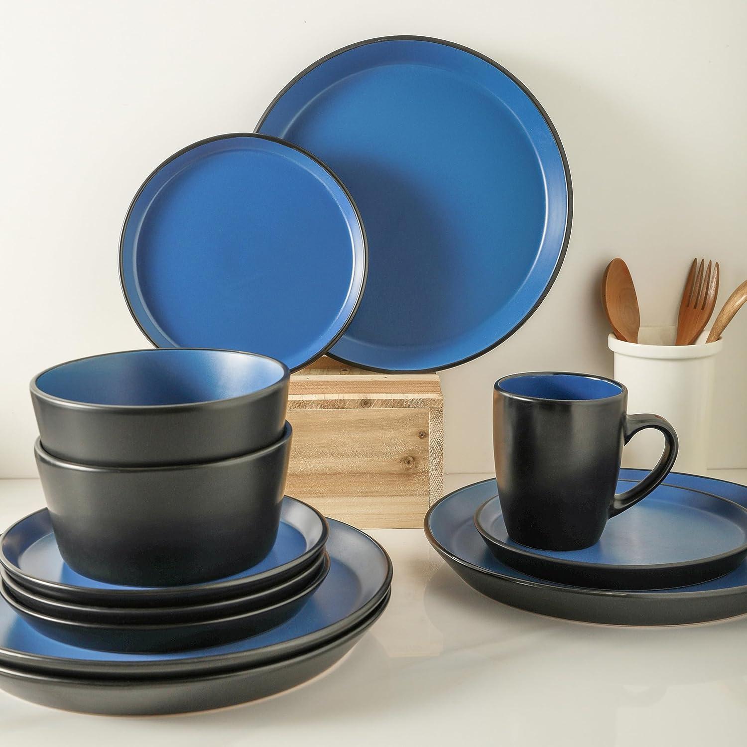 Blue and Black Ceramic 32-Piece Dinnerware Set, Service for 8