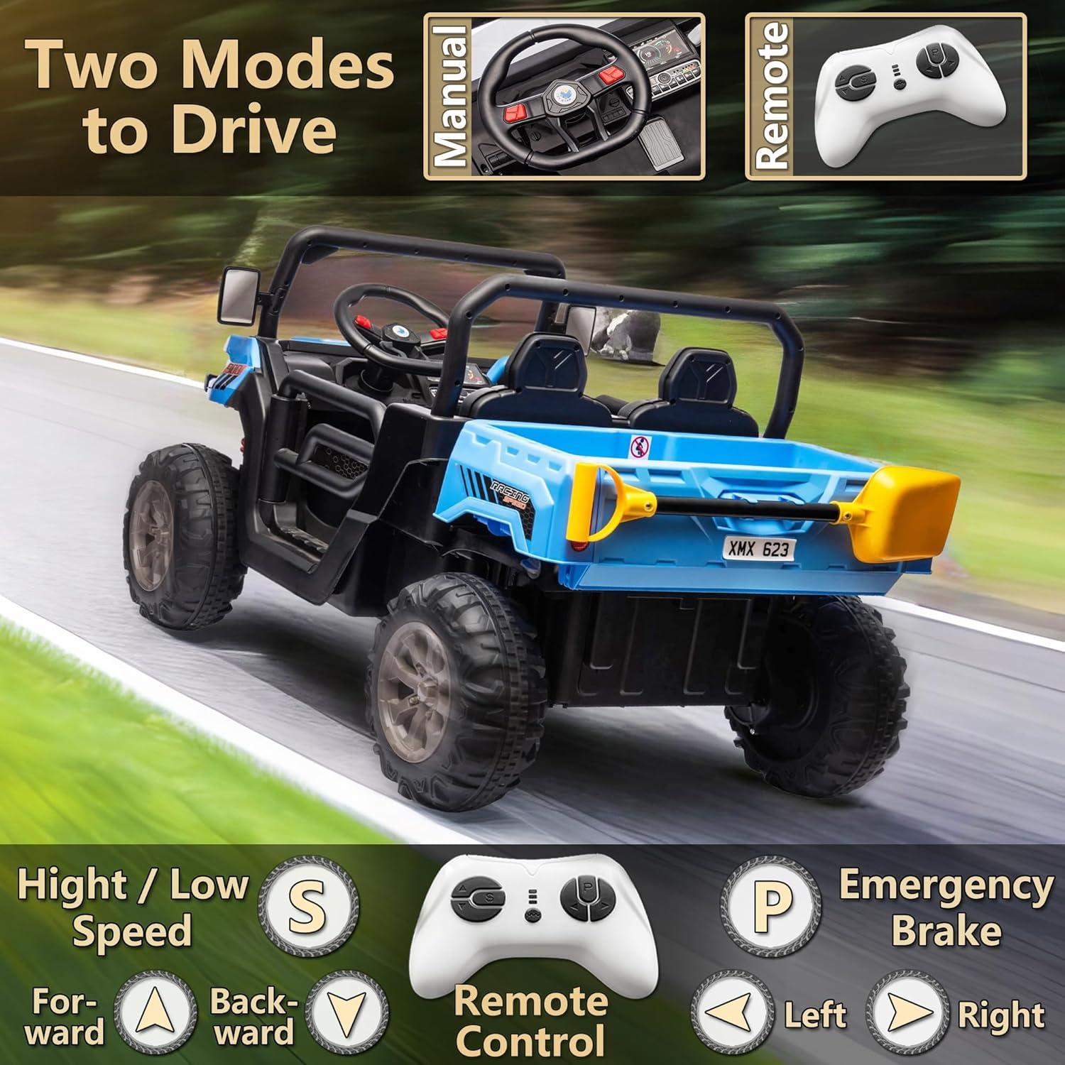 Xuanlur 24V 2 Seater Kids Ride on Car Truck, Ride on UTV W/ 2x200W Motor, 24 Volt Ride on Toys W/ Dump Bed/Shovel, Electric Car for Kids W/ Durable Tires, LED Light, Music, Remote Control, Blue