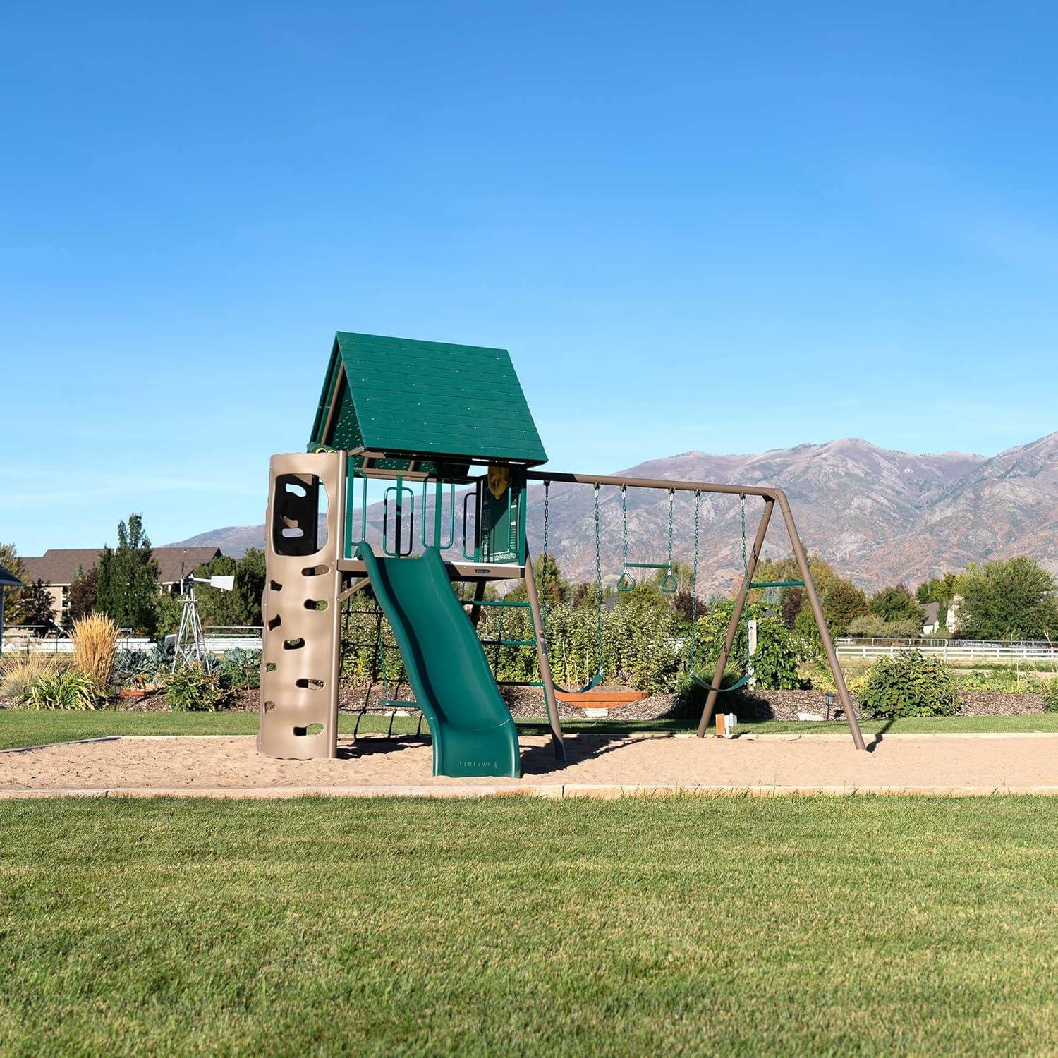 Lifetime Kid's Big Stuff Metal Swing Set with Slide and Climbing Wall (91069)