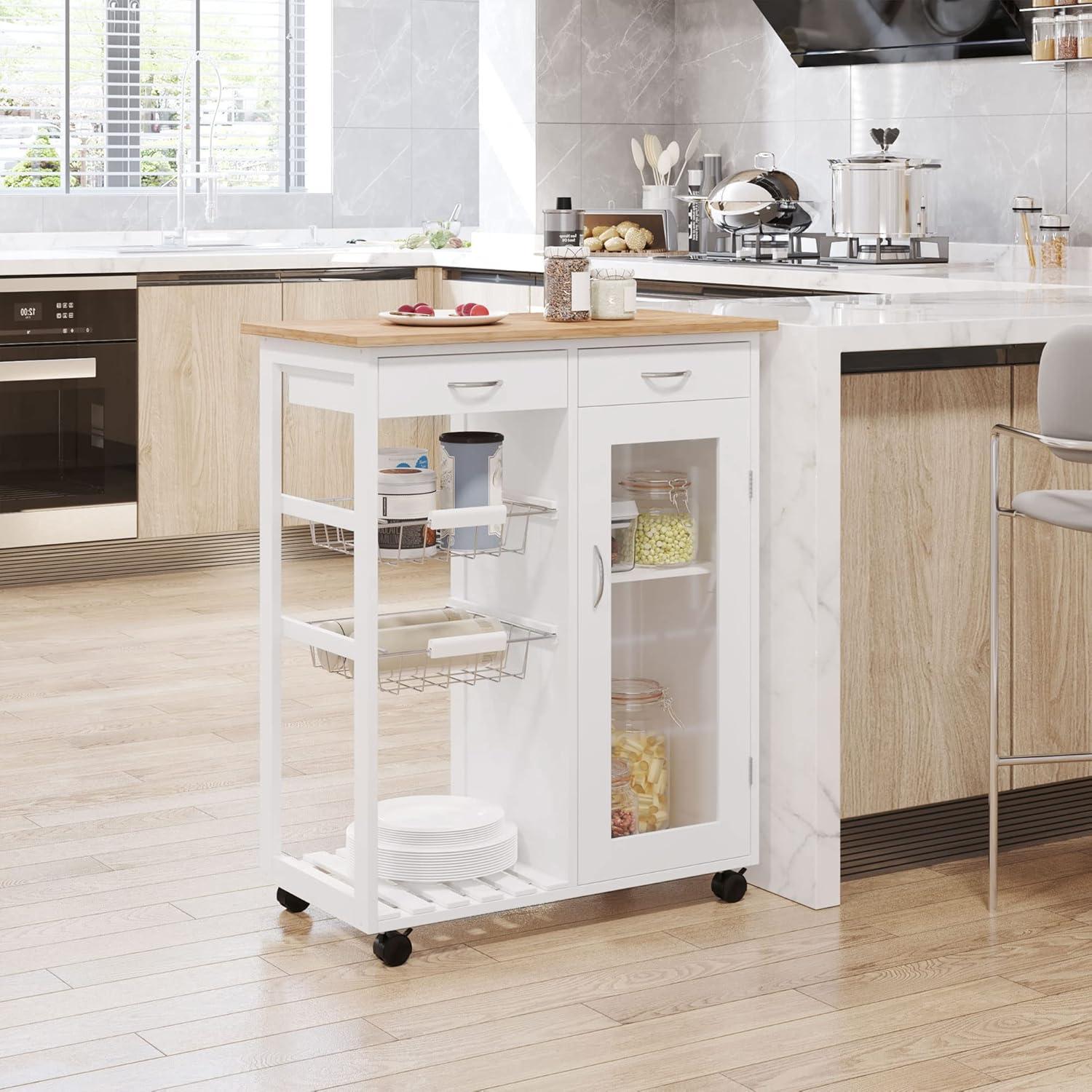 HOMCOM 28†Rolling Kitchen Trolley Serving Cart Storage Cabinet Bamboo Top with Wire Basket & Glass Door & Drawers - White